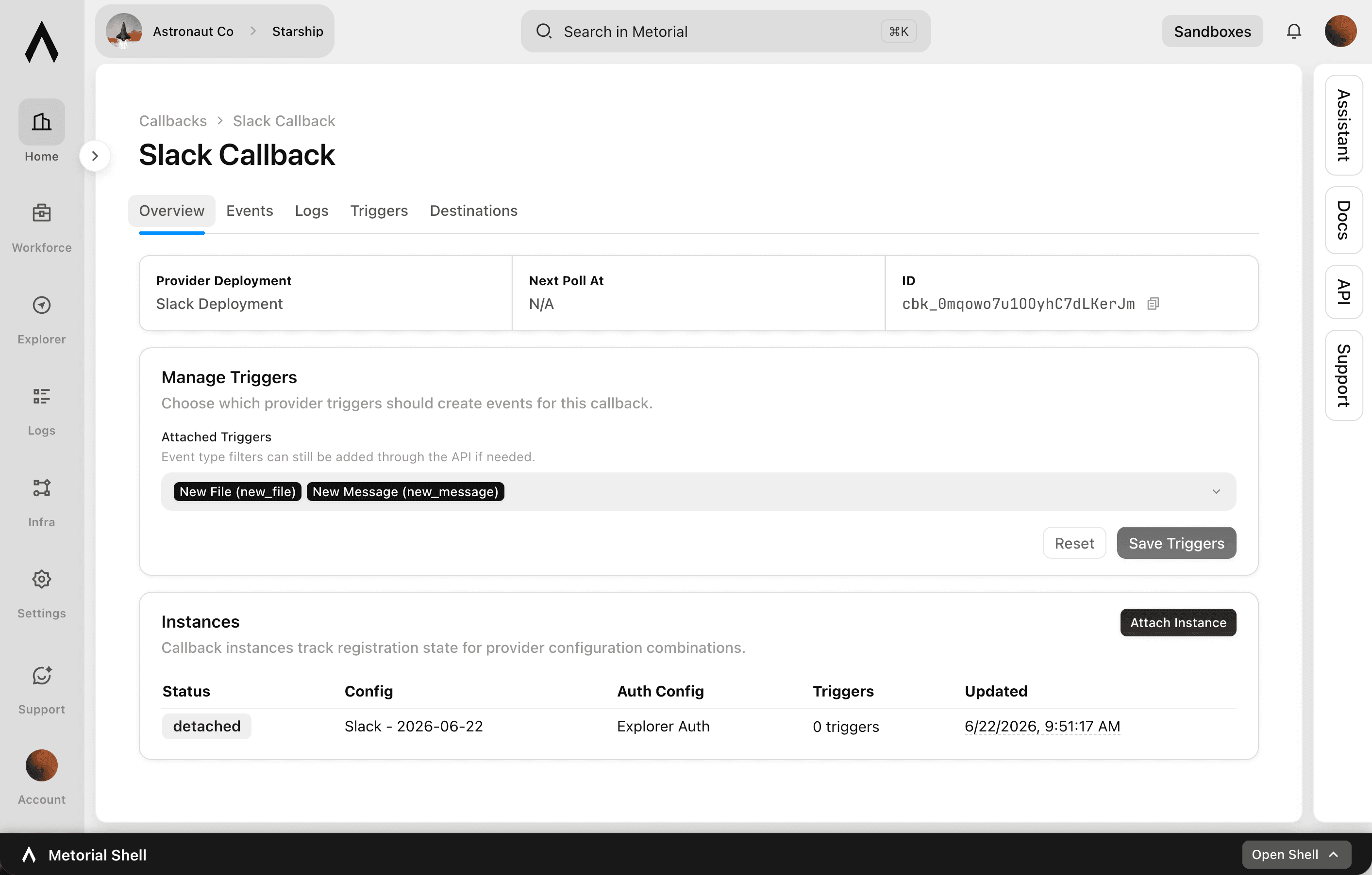 The Callbacks console showing registered triggers, where updates are sent, and recent event deliveries.
