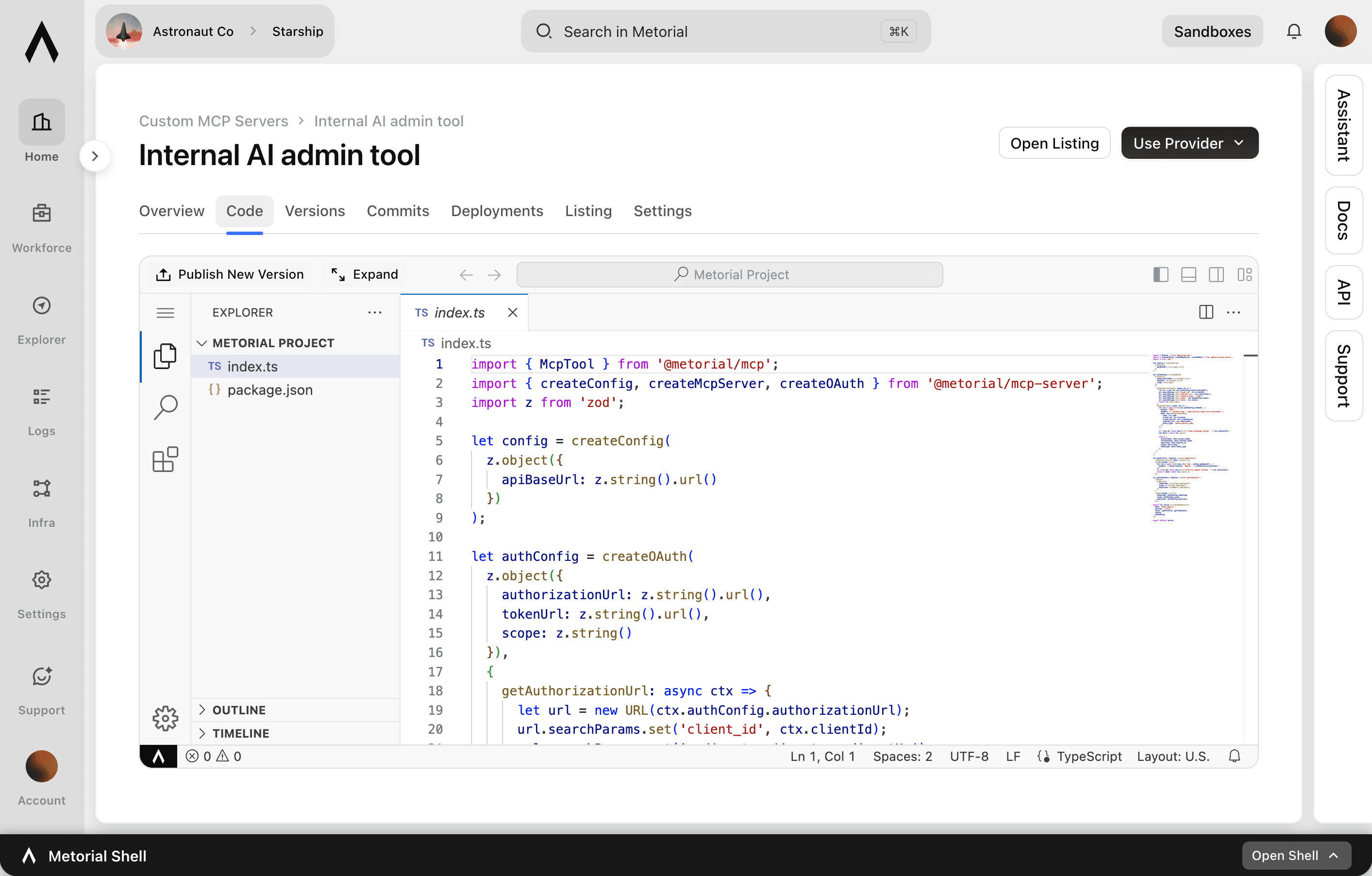 The Metorial custom MCP server editor showing provider code and deployment settings.