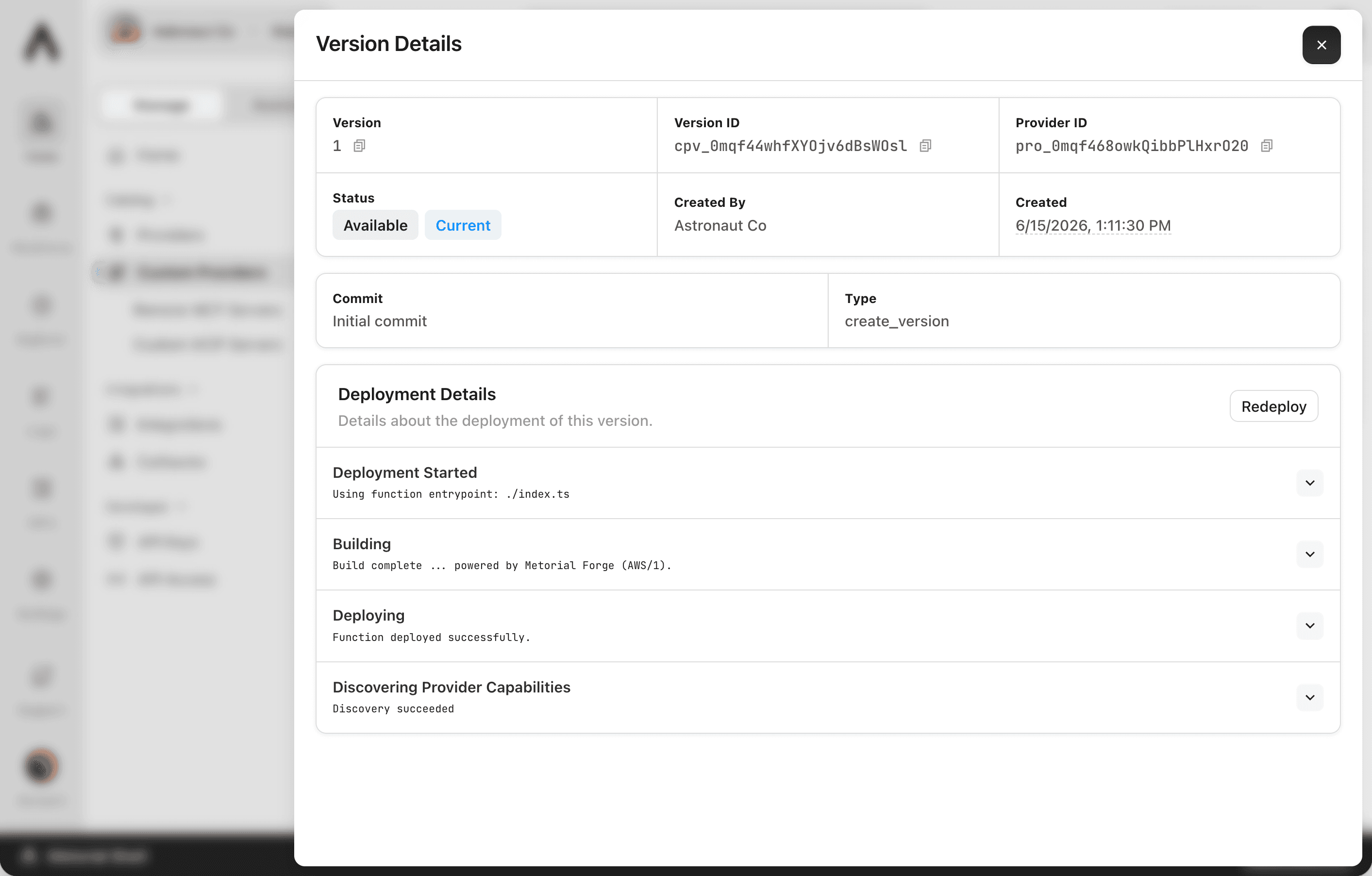 The Metorial Docker MCP provider setup showing container configuration and deployment.