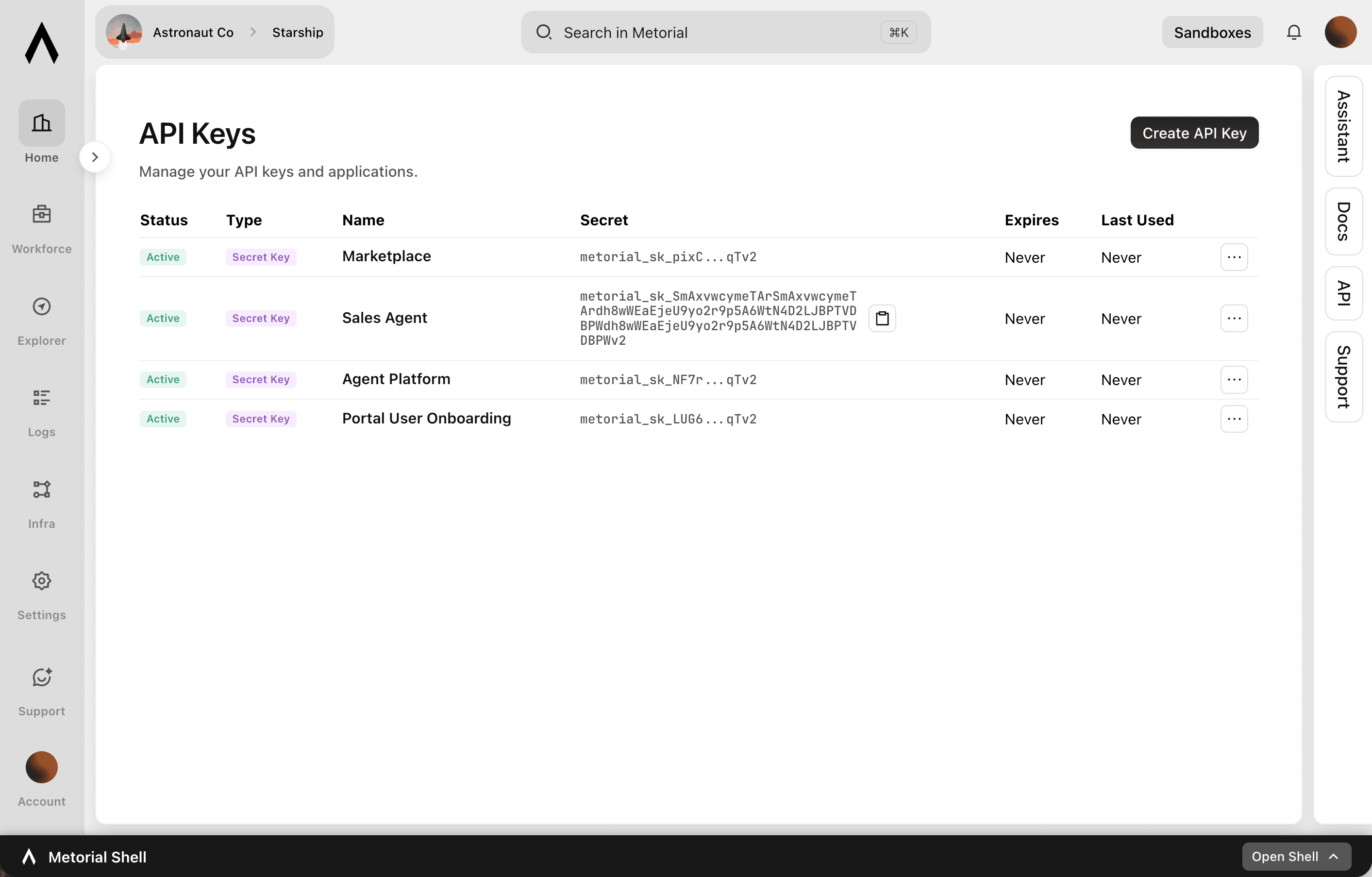 Overview of API Keys in the Metorial console, showing how to create and manage API keys for developers.
