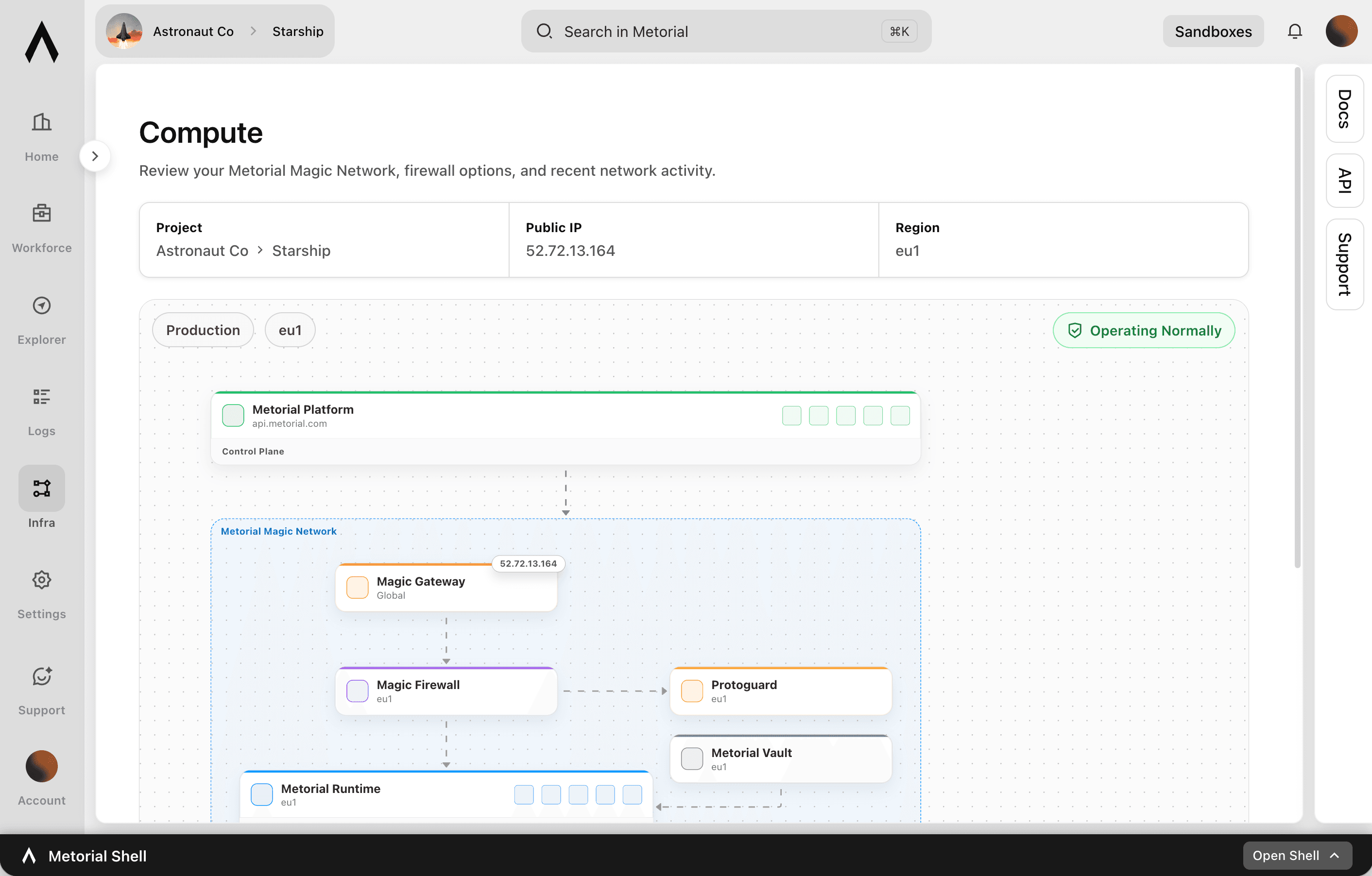 The Metorial platform console showing providers, integrations, traces, and access policies.