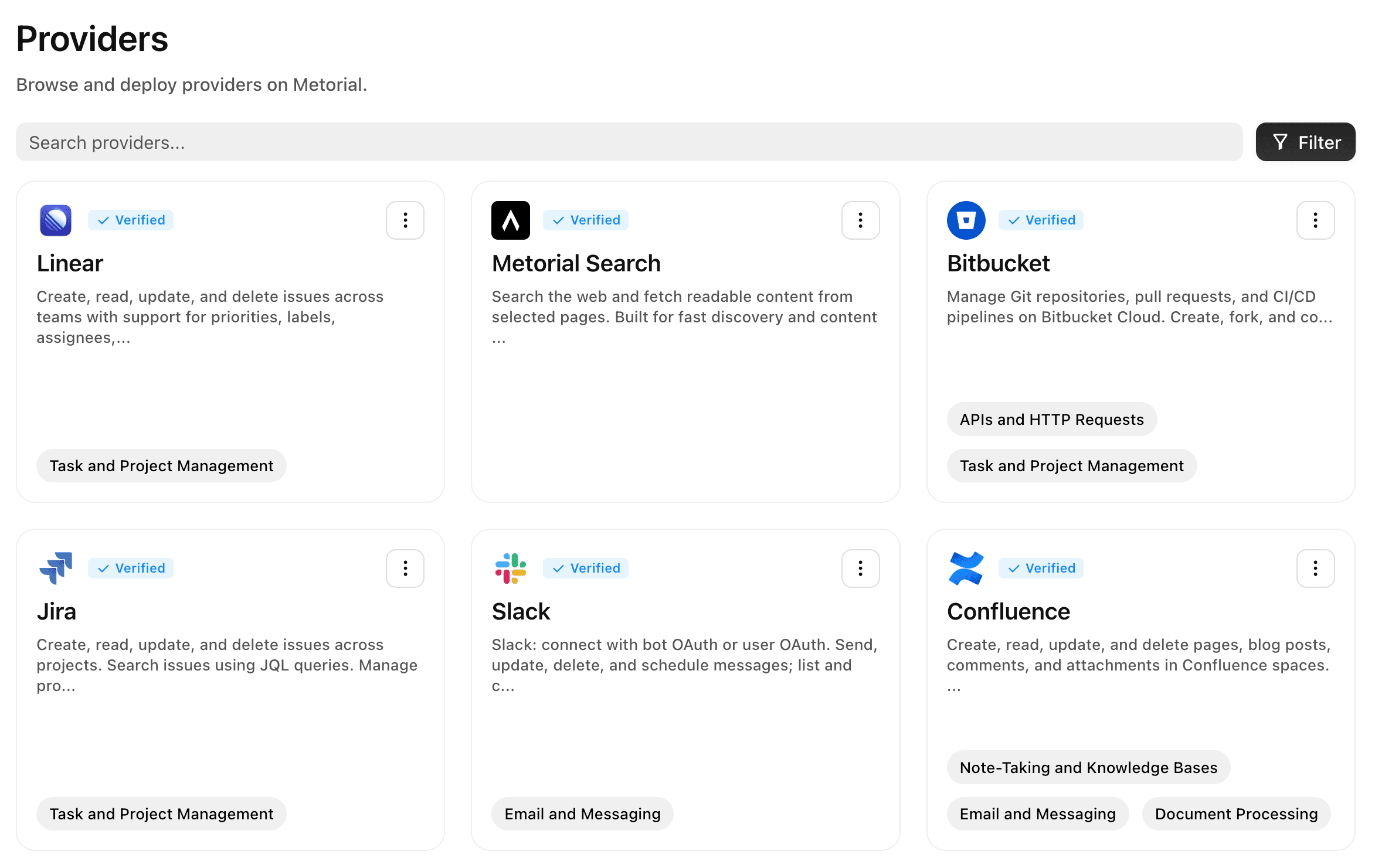 Screenshot of the provider list in the Metorial console.