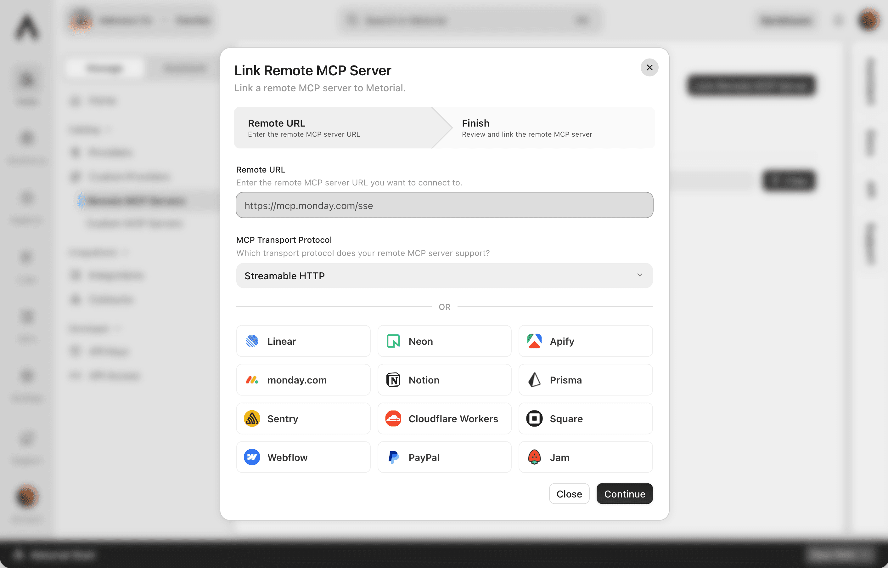 The Metorial remote MCP provider setup showing connection details and access policies.
