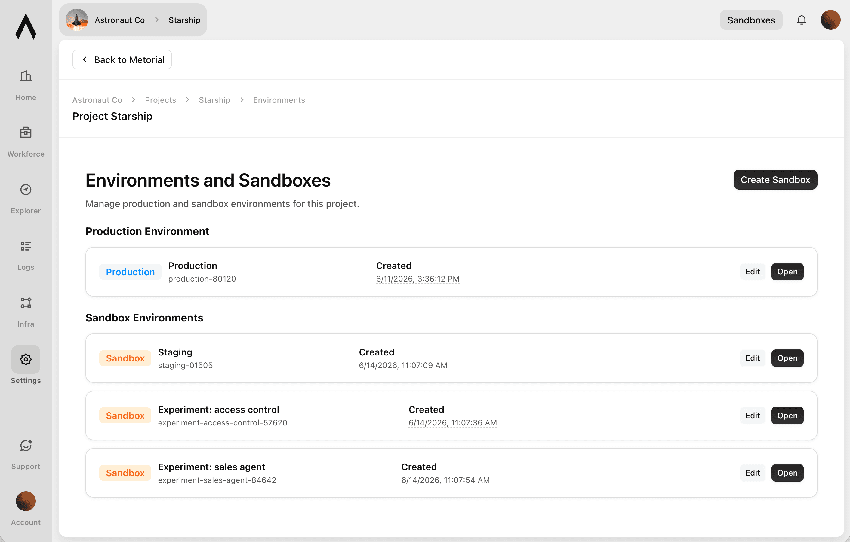 A screenshot showcasing the Sandboxes feature of Metorial.