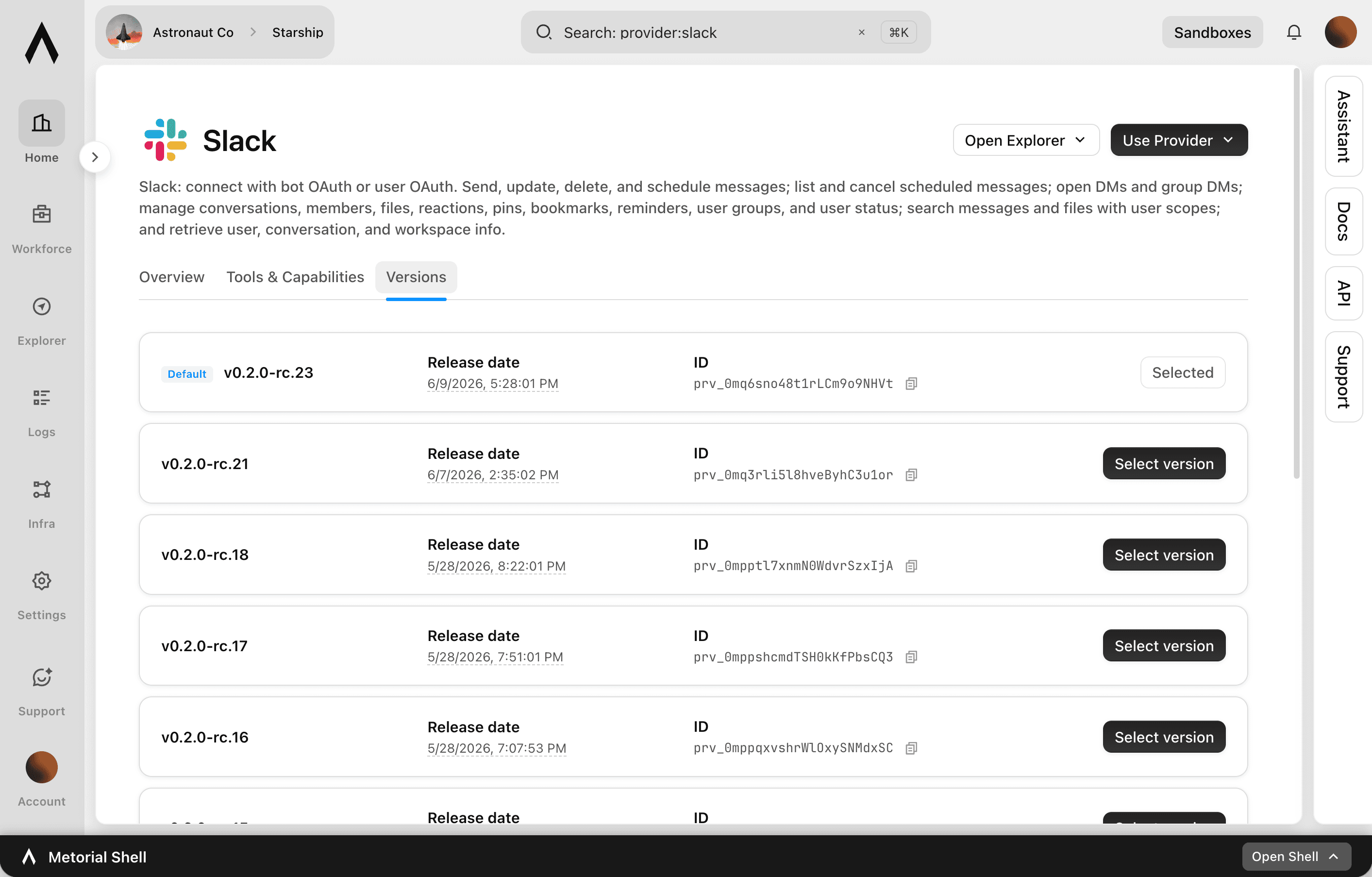 A screenshot showcasing the Version Pinning feature of Metorial.
