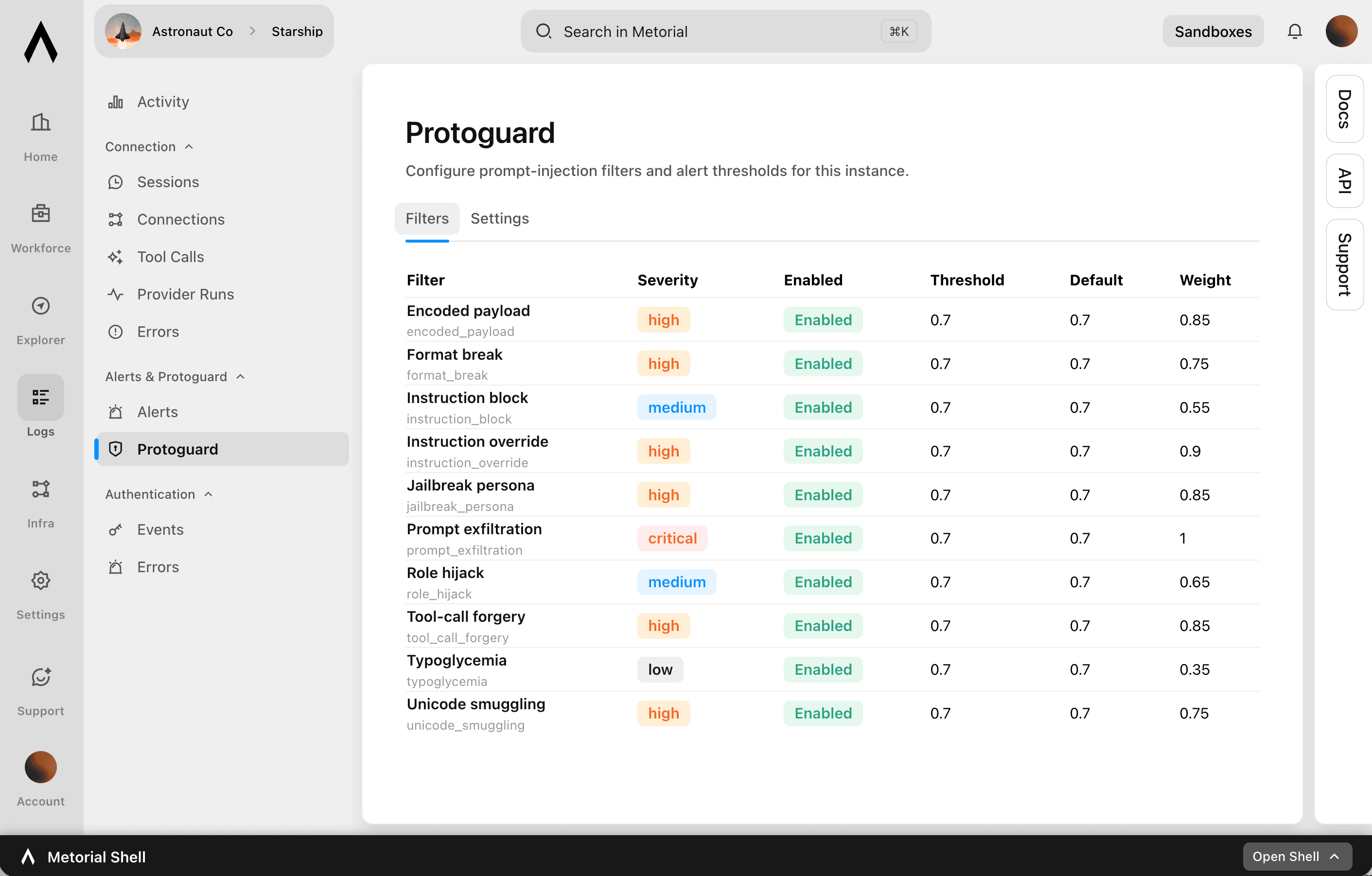 A screenshot showcasing the Prompt Injection Monitoring feature of Metorial.