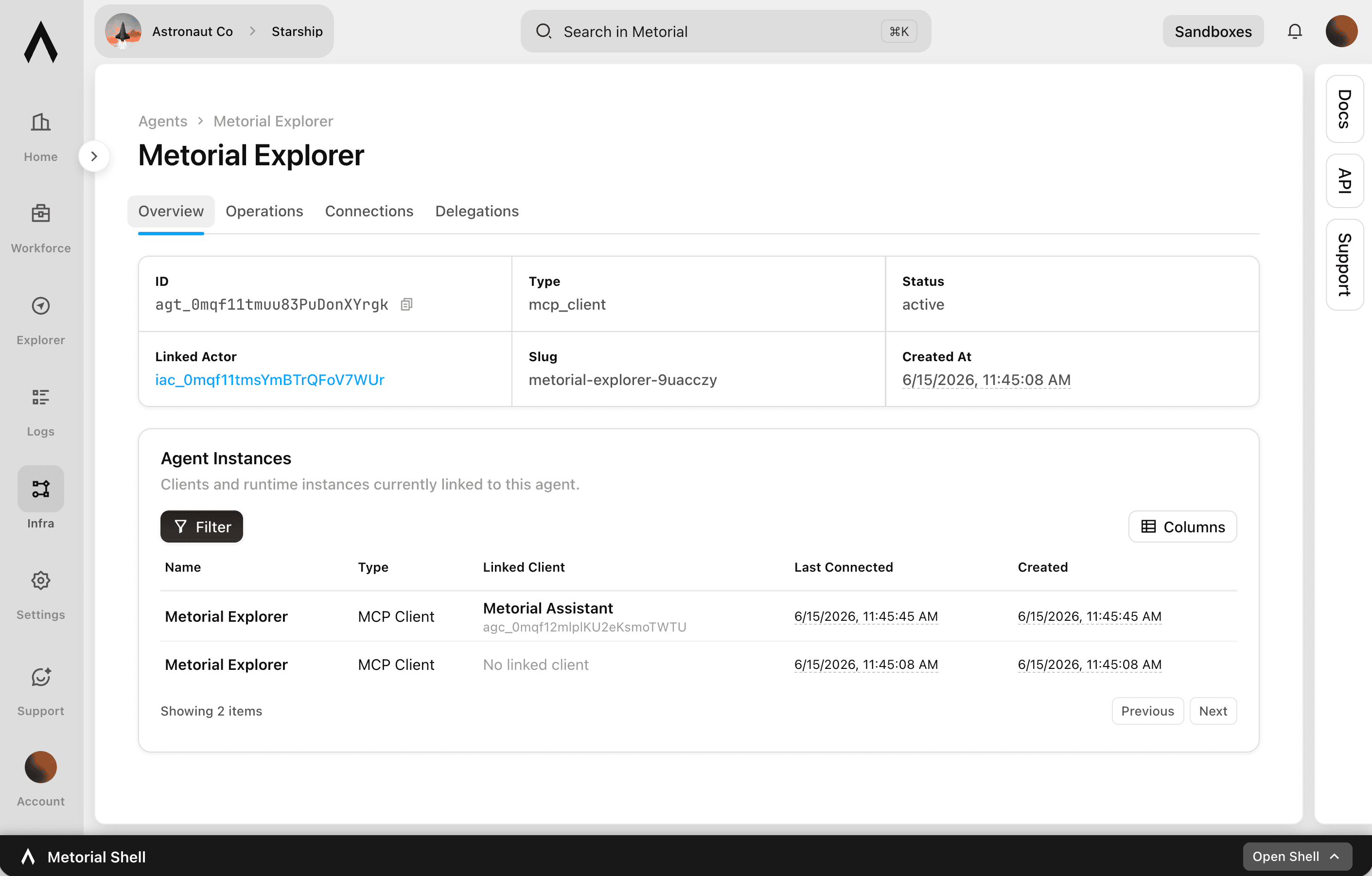 A screenshot showcasing the Agent Identification feature of Metorial.