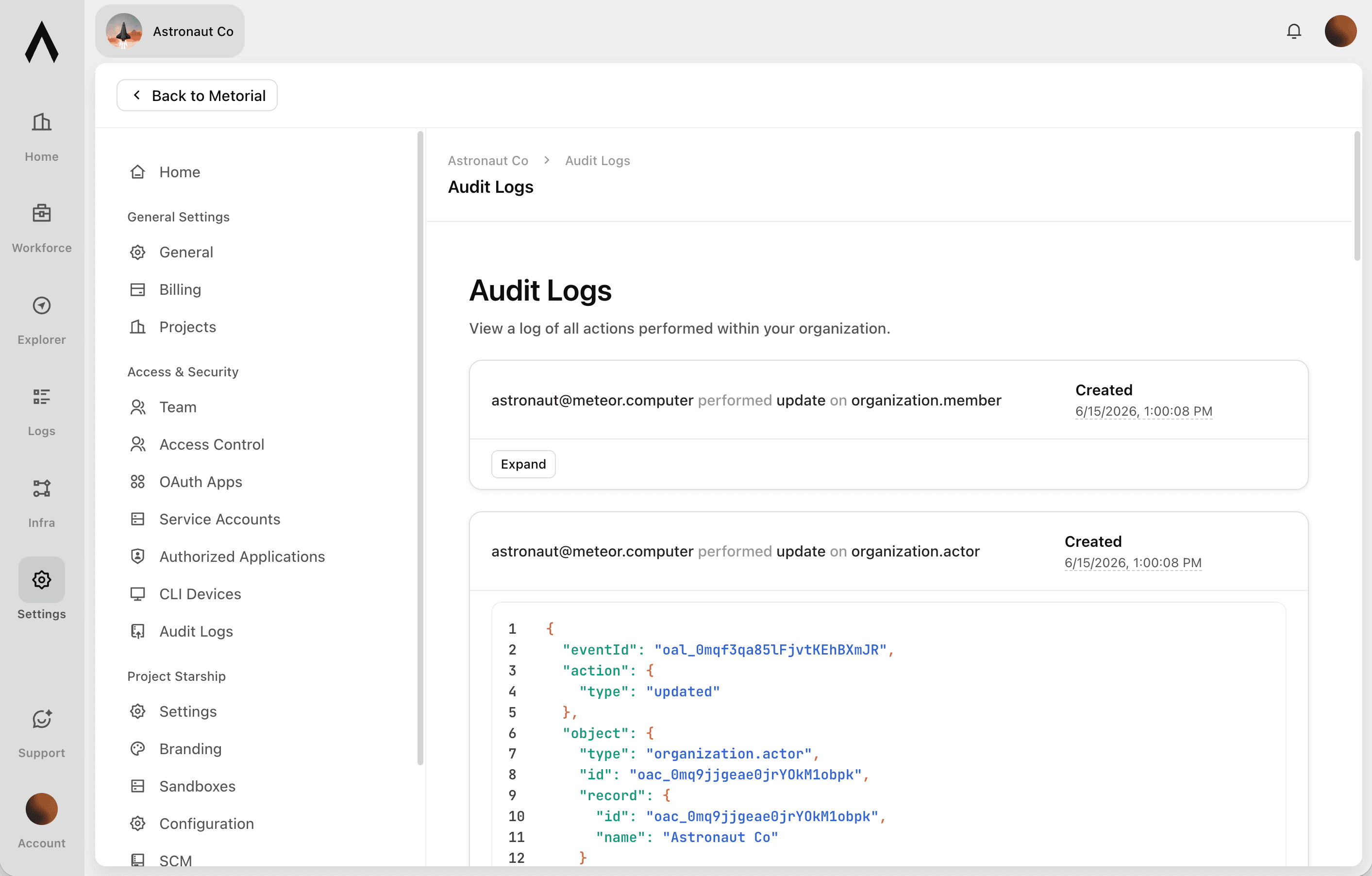 A screenshot showcasing the Audit Logs feature of Metorial.