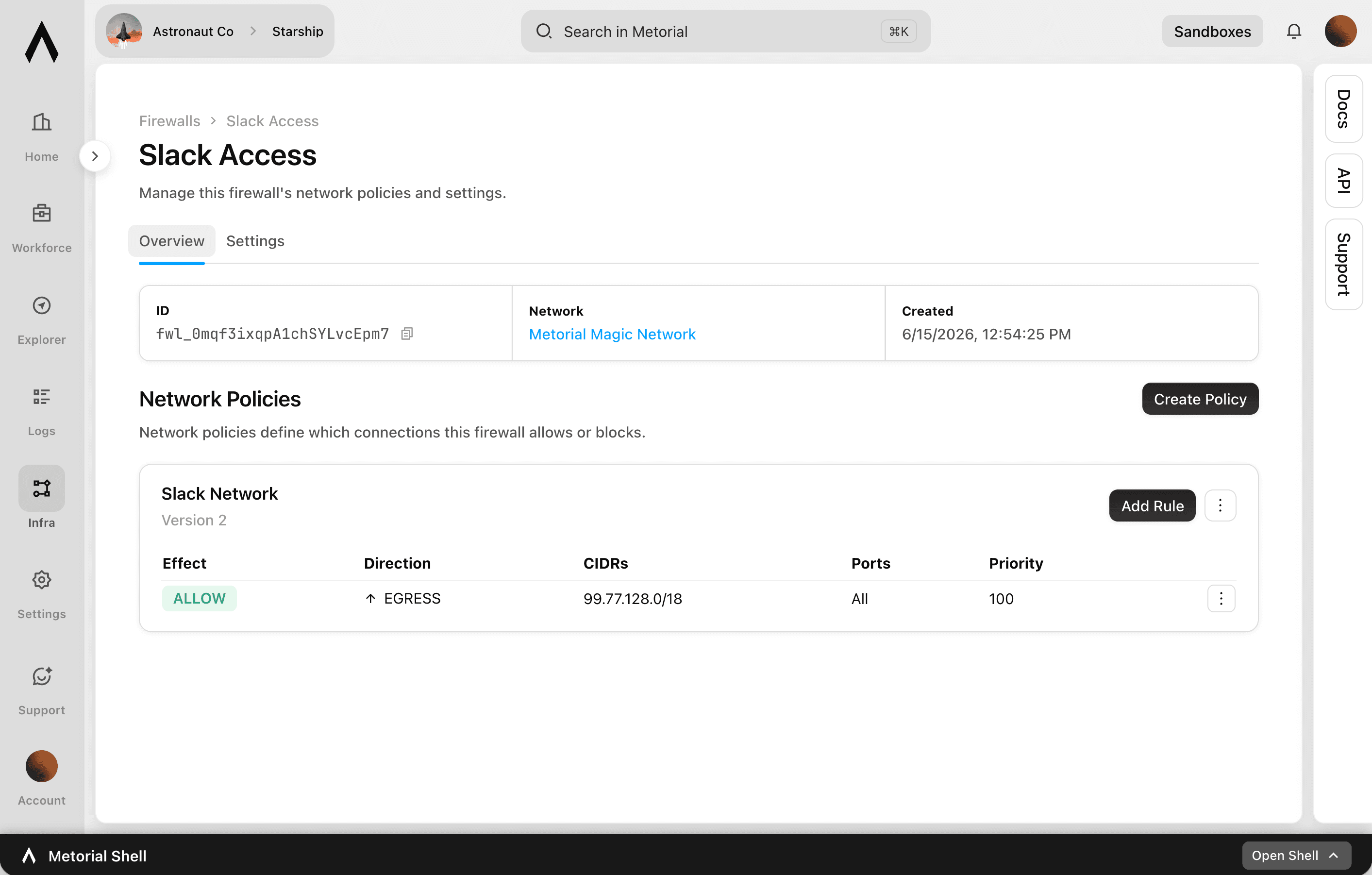 A screenshot showcasing the Firewalls feature of Metorial.