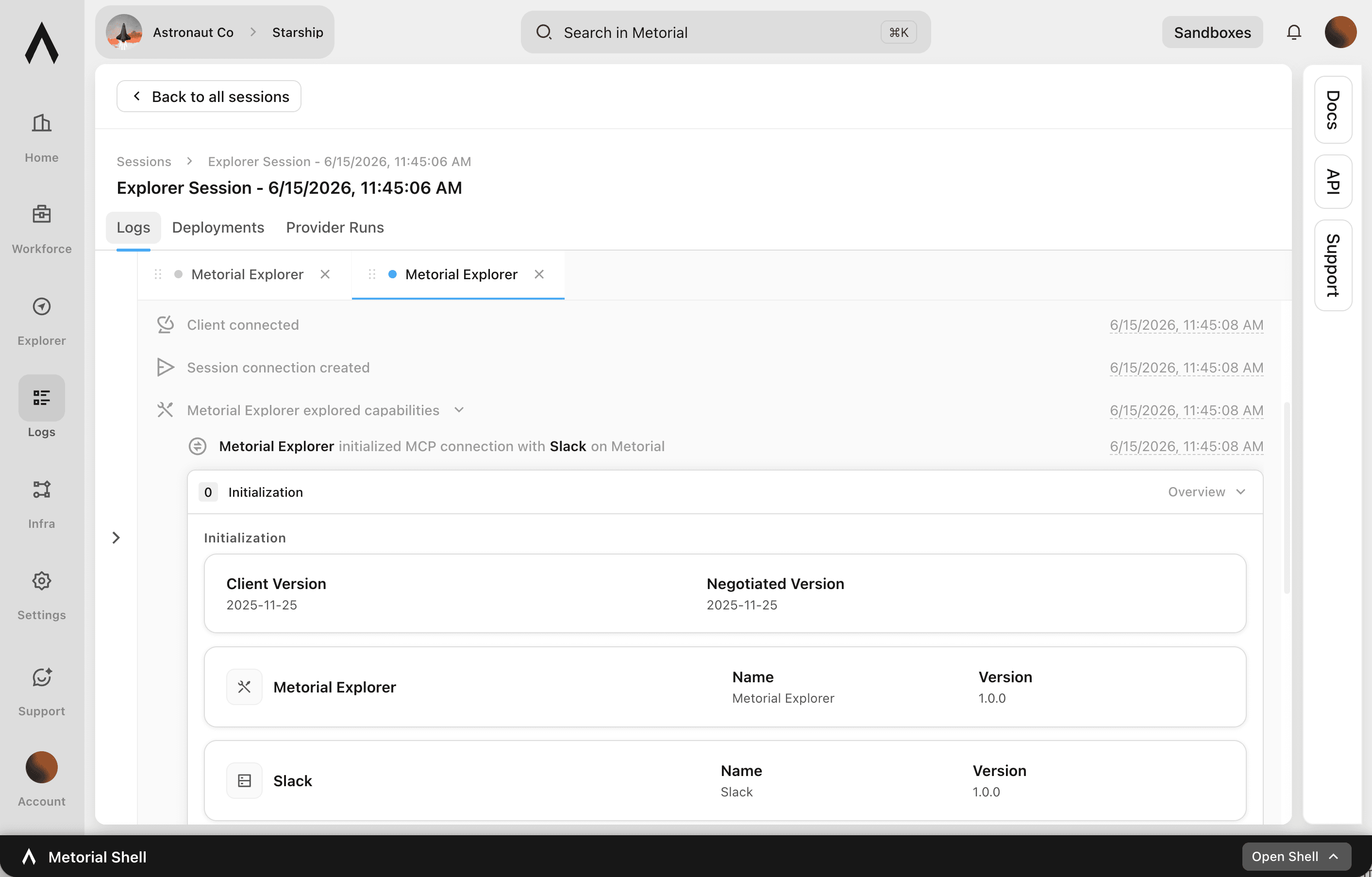 A screenshot showcasing the Observability feature of Metorial.