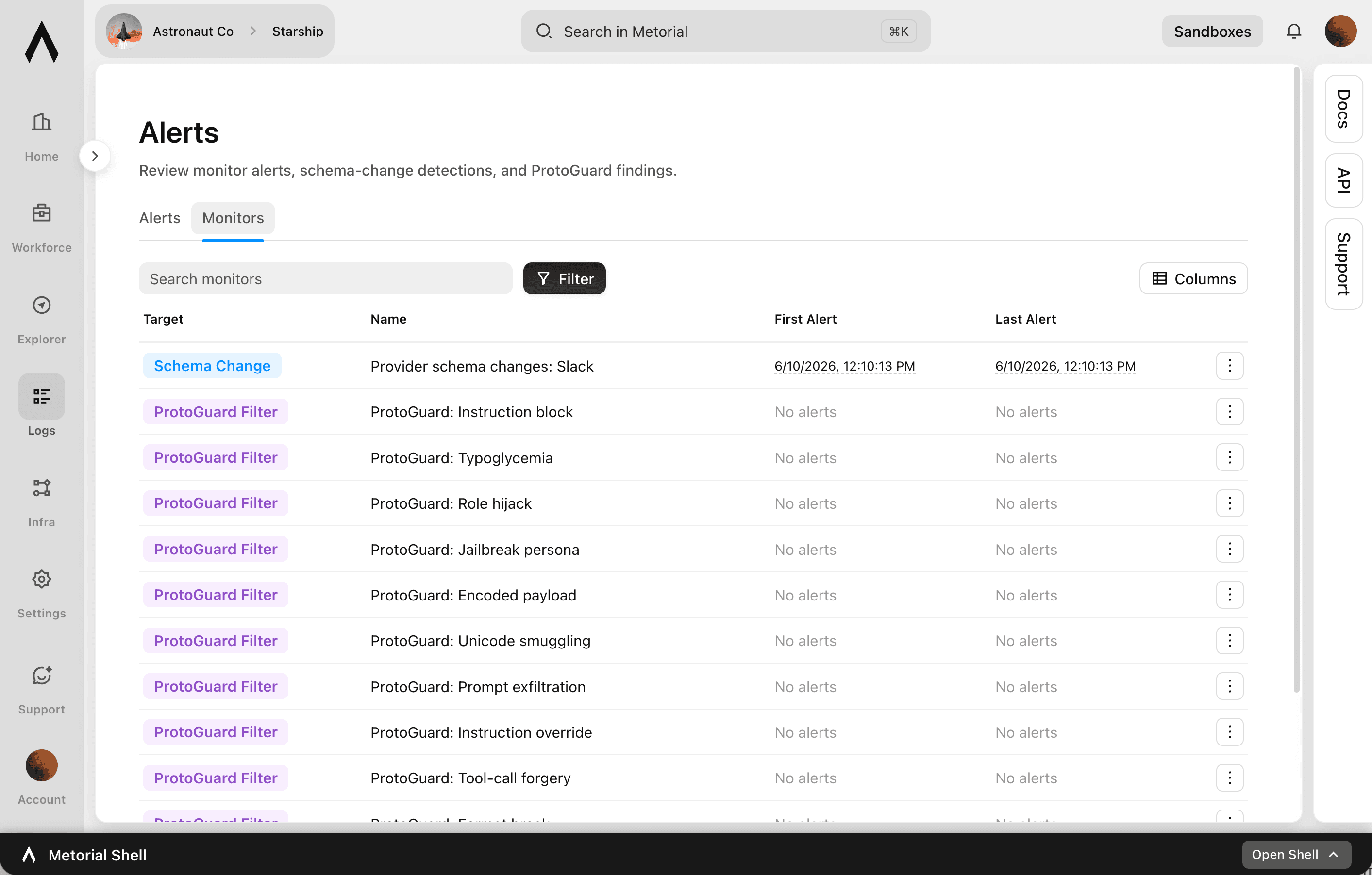 A screenshot showcasing the Monitors and Alerts feature of Metorial.