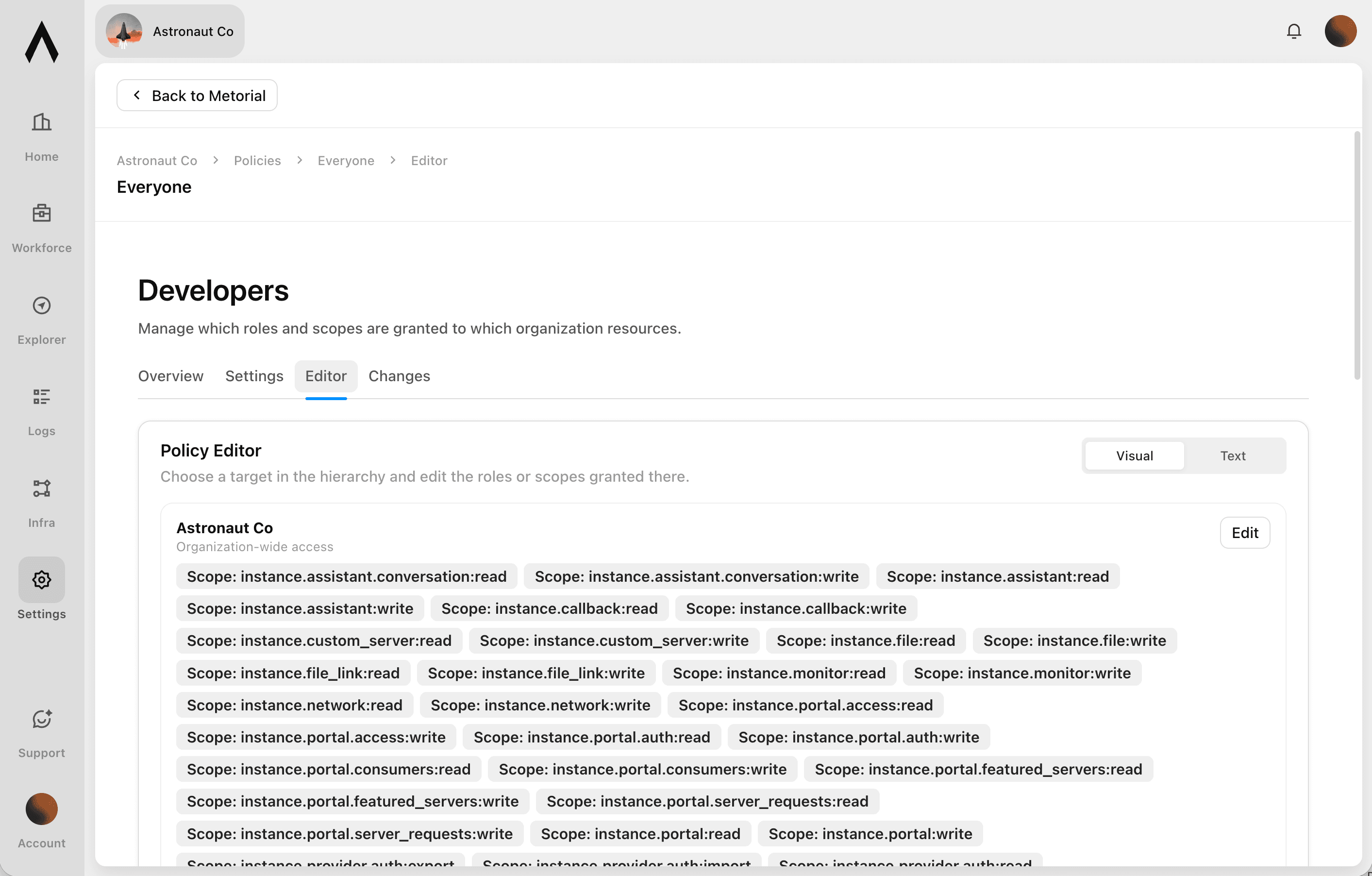 A screenshot showcasing the Policies + Access Control feature of Metorial.