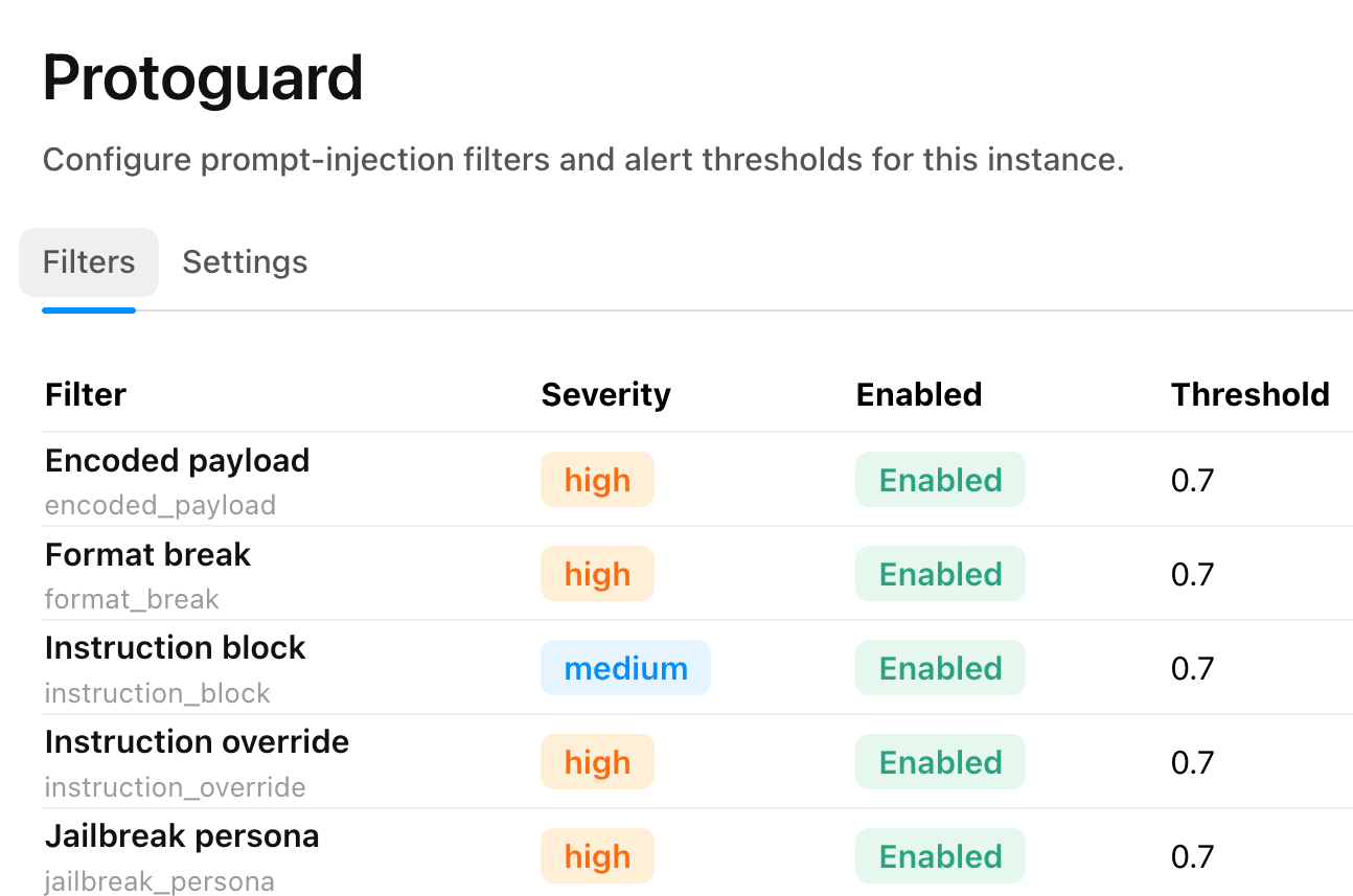 Screenshot of the Protoguard monitors configuration panel.