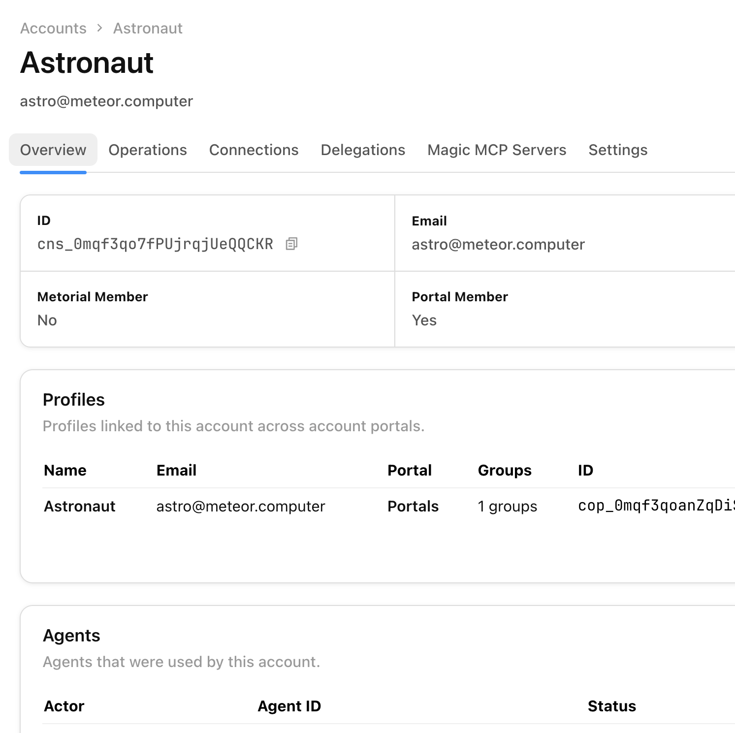 Screenshot of a Metorial audit log showing a list of actions taken by agents, people, and machines.
