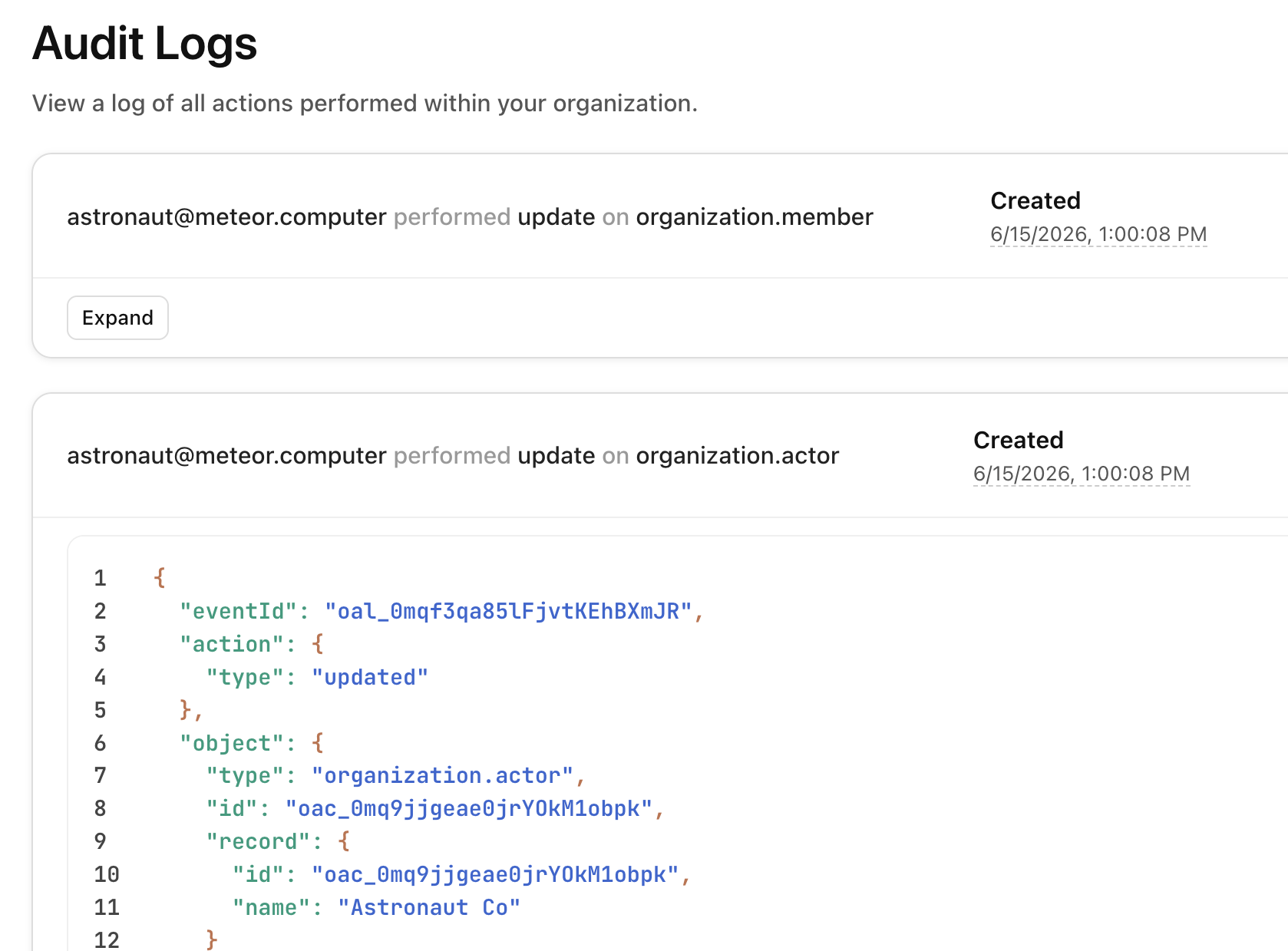 Screenshot showing audit logs with details on access control decisions for tool calls in the Tracing console.