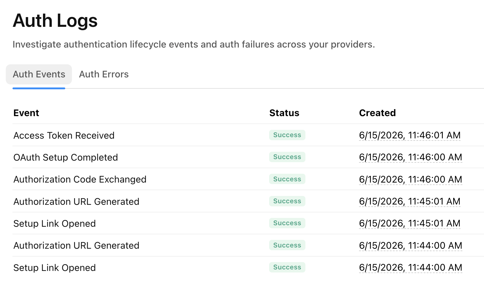 Screenshot of a Metorial session log showing a list of calls and authentications made by an agent.