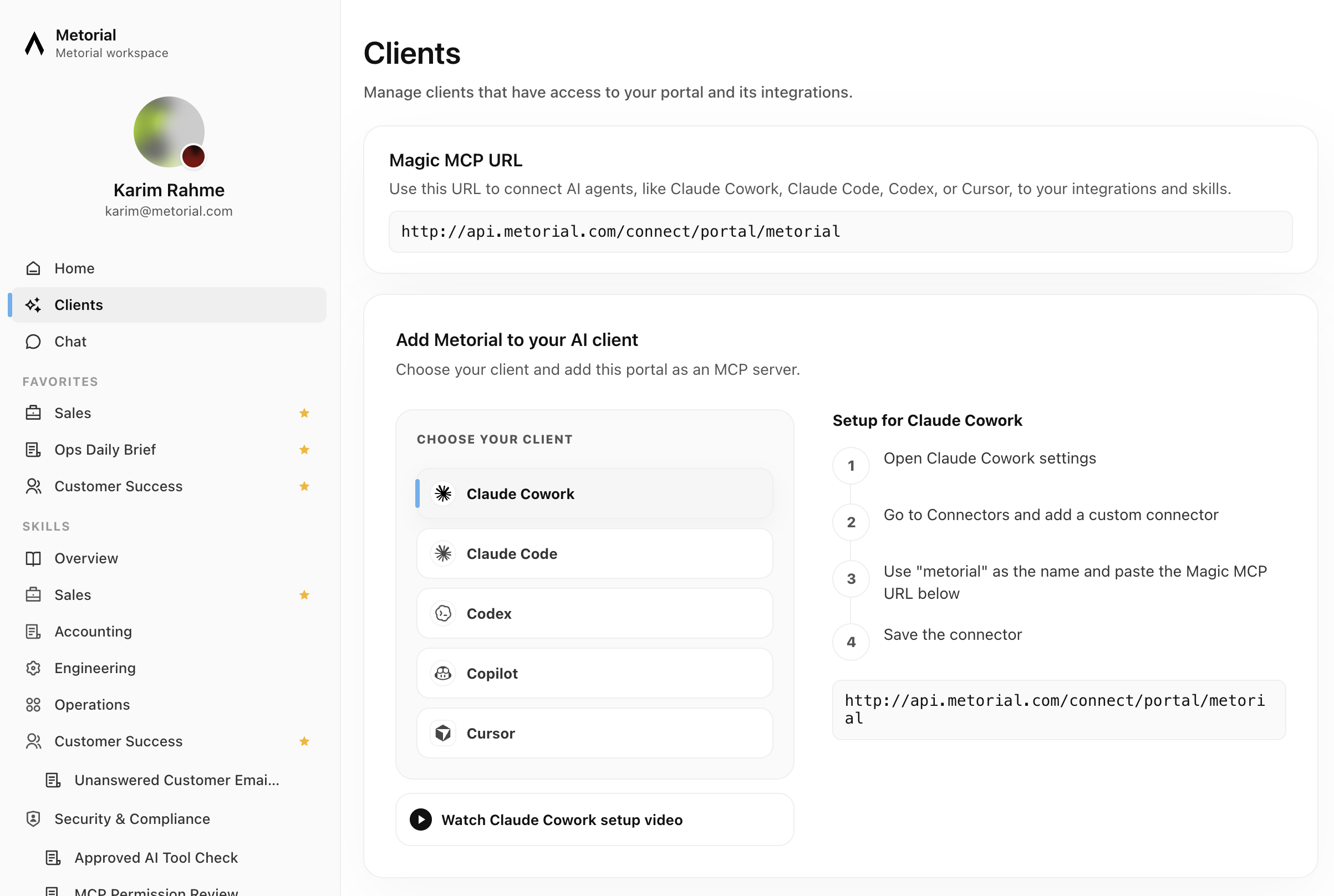 Metorial portal showing the clients a person can connect their agent to.