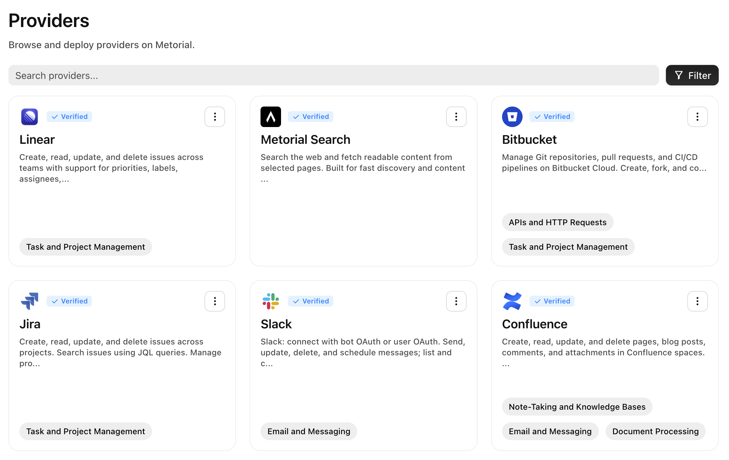 Screenshot of Metorial Portals showing a list of integrations employees can connect their agent to.