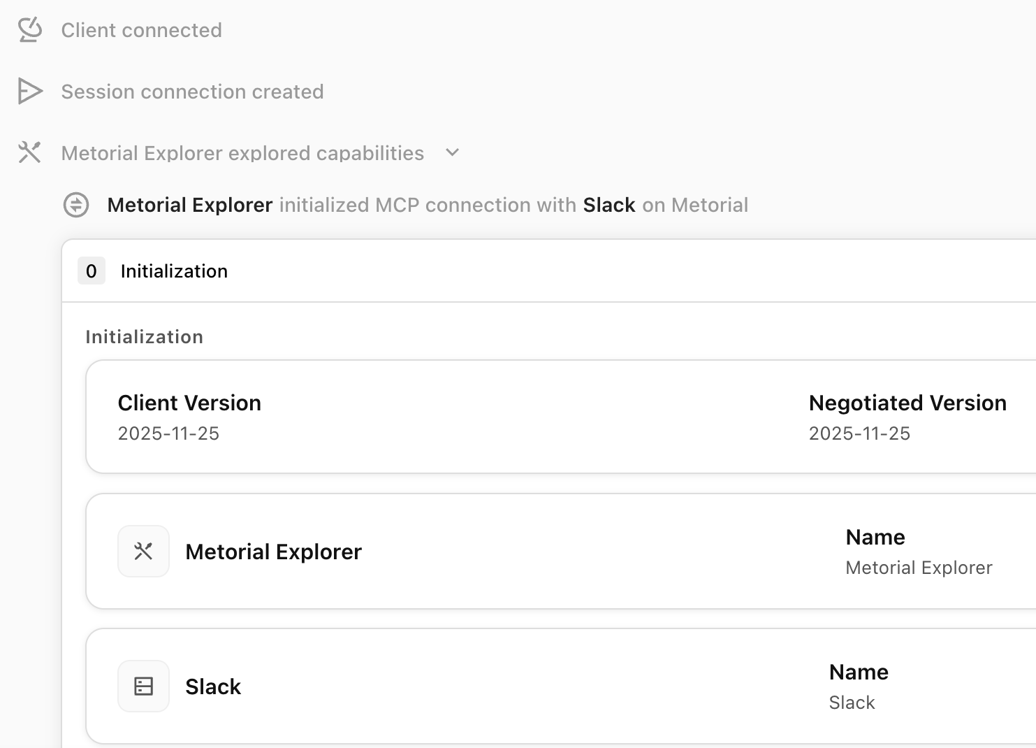 Screenshot of a Metorial tracing view showing a list of events and the ability to replay them.