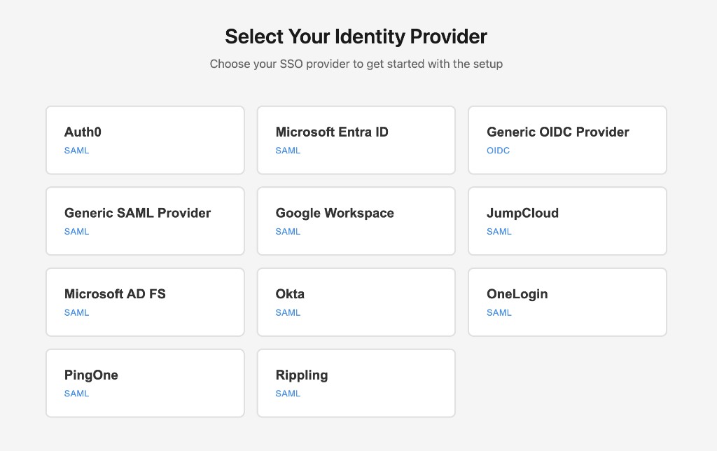 Metorial single sign-on settings showing identity providers.