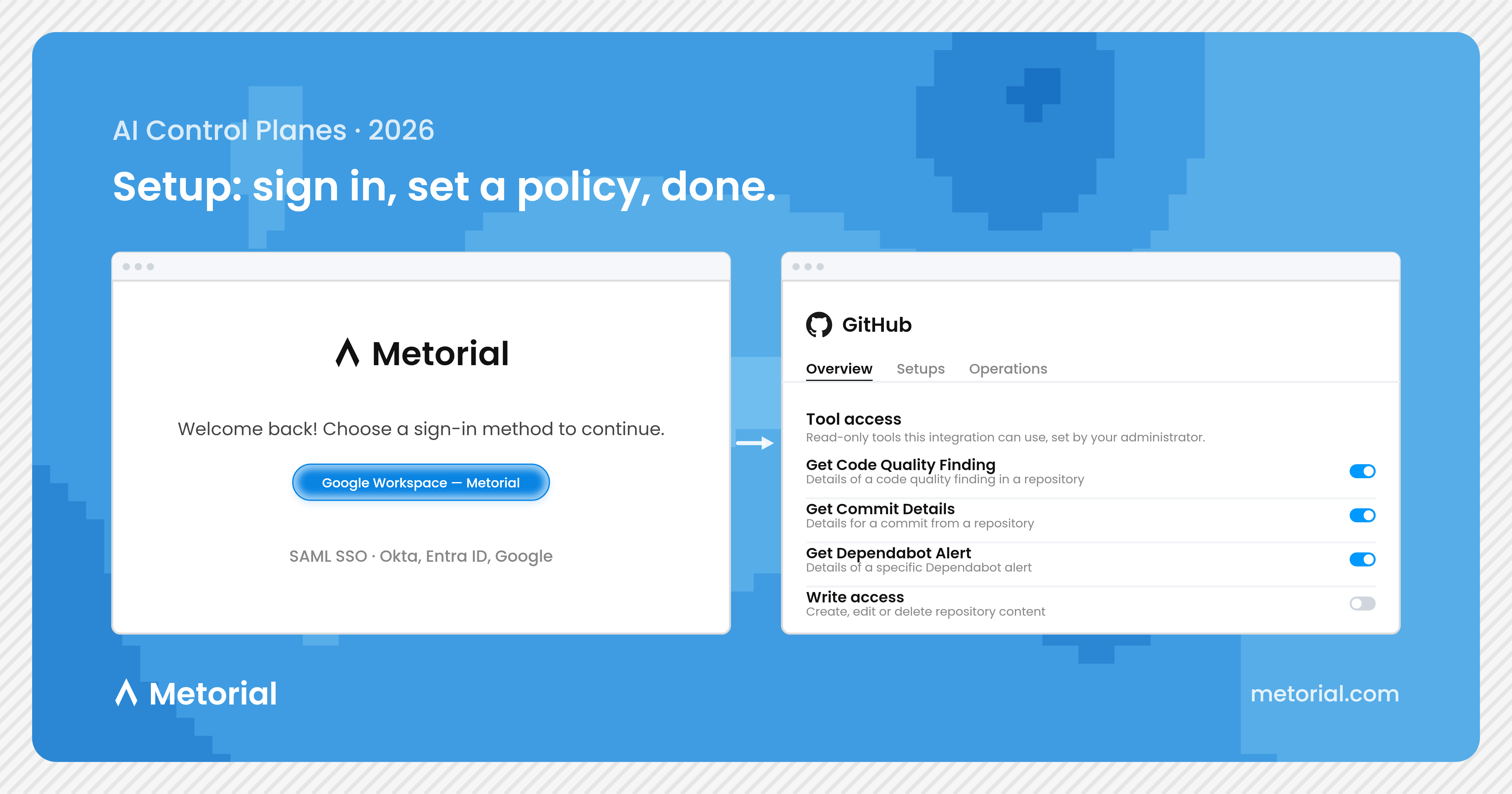 Metorial's self-serve sign-in and policy setup next to Runlayer's book-a-demo flow