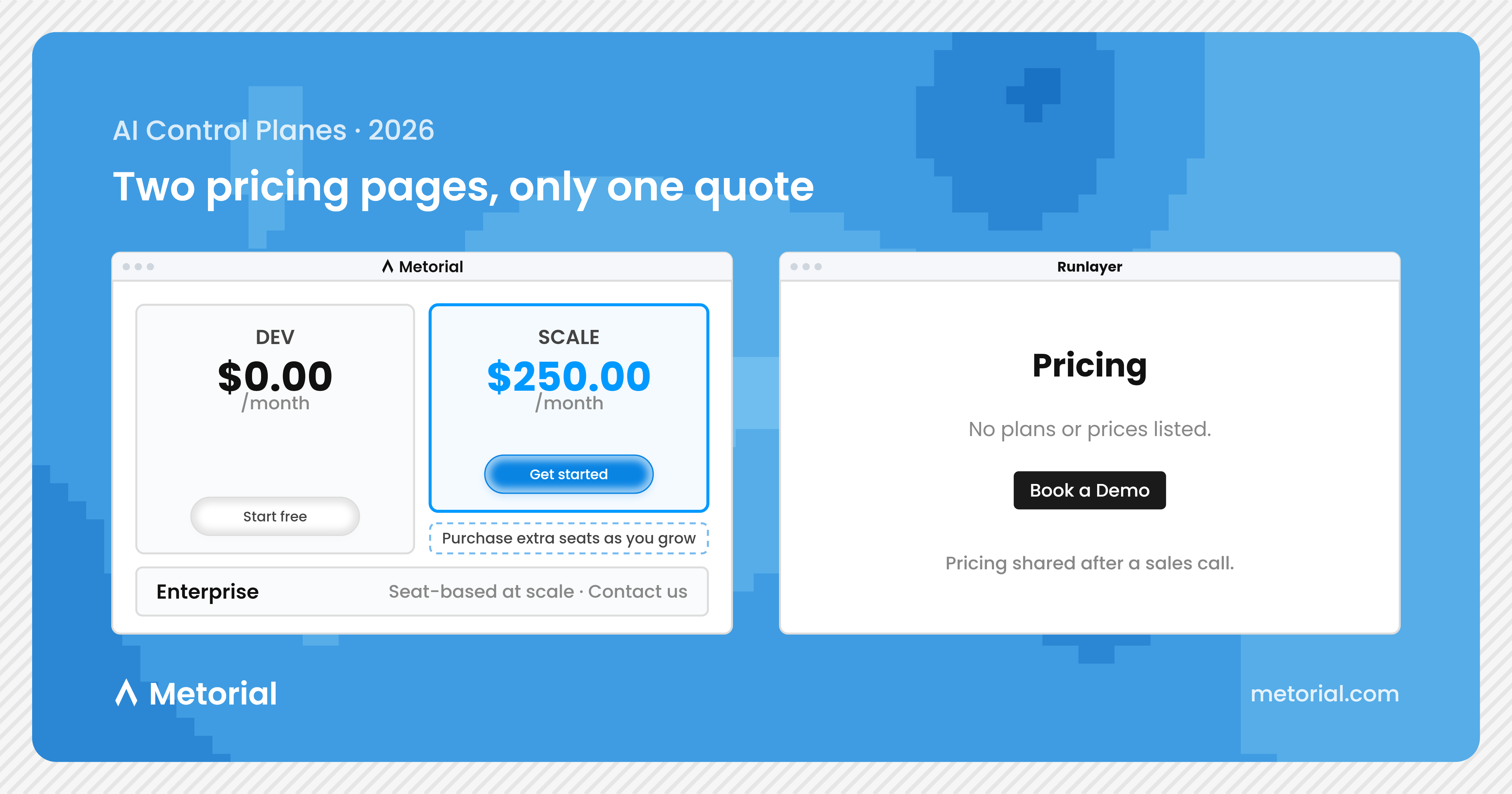 Metorial's published pricing next to Runlayer's book-a-demo pricing page