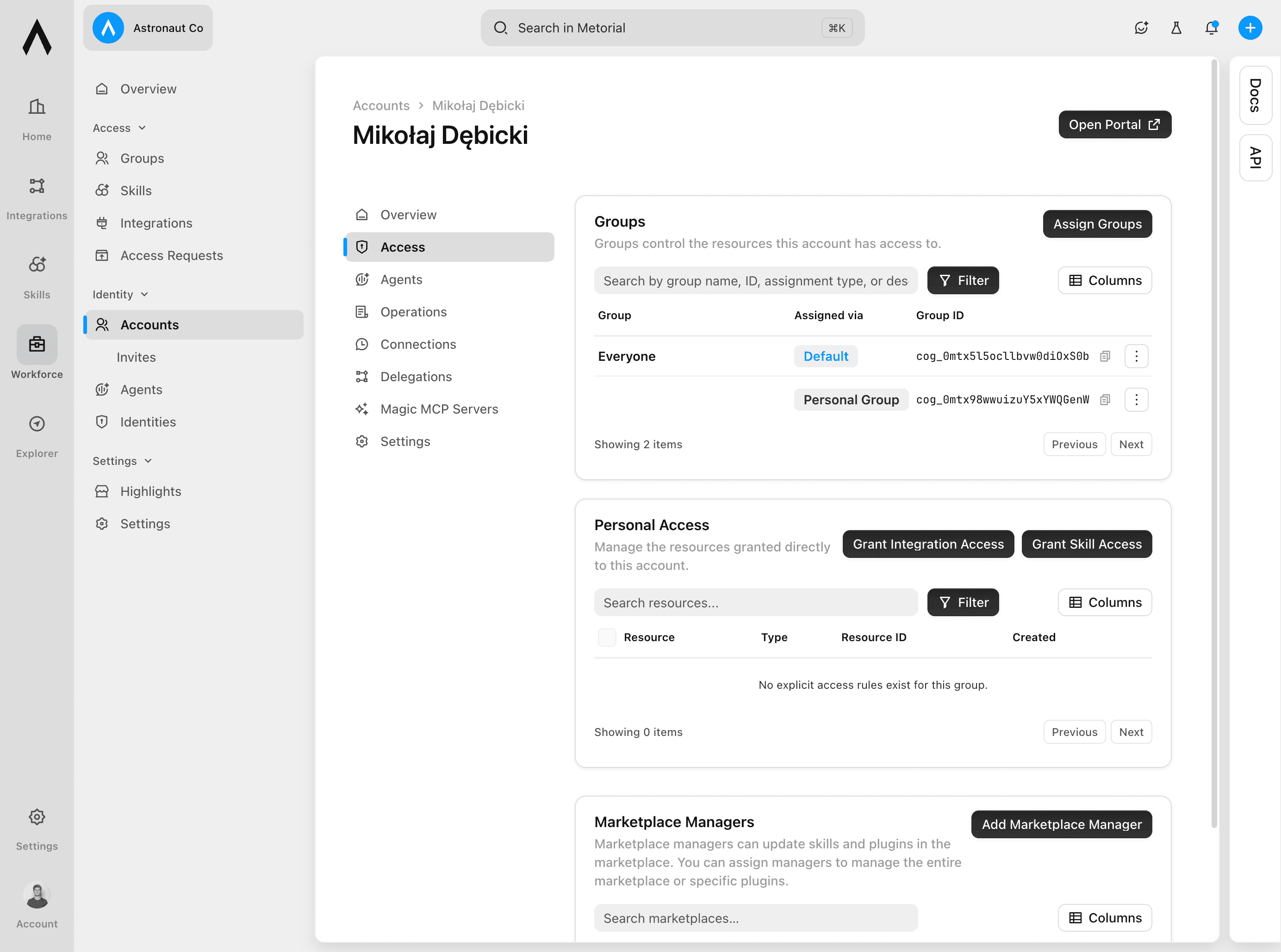 Access settings for a Workforce account