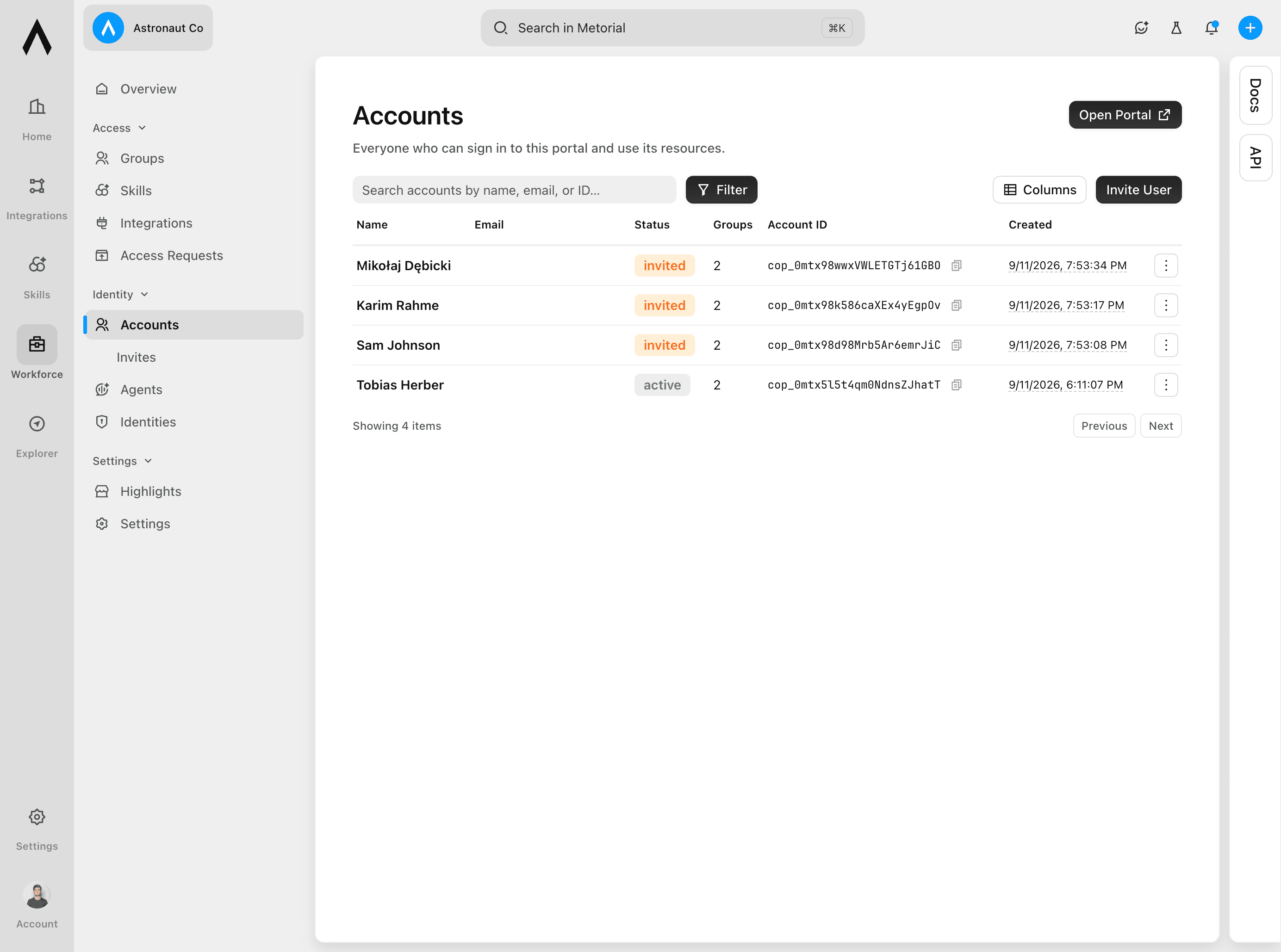 Workforce accounts table