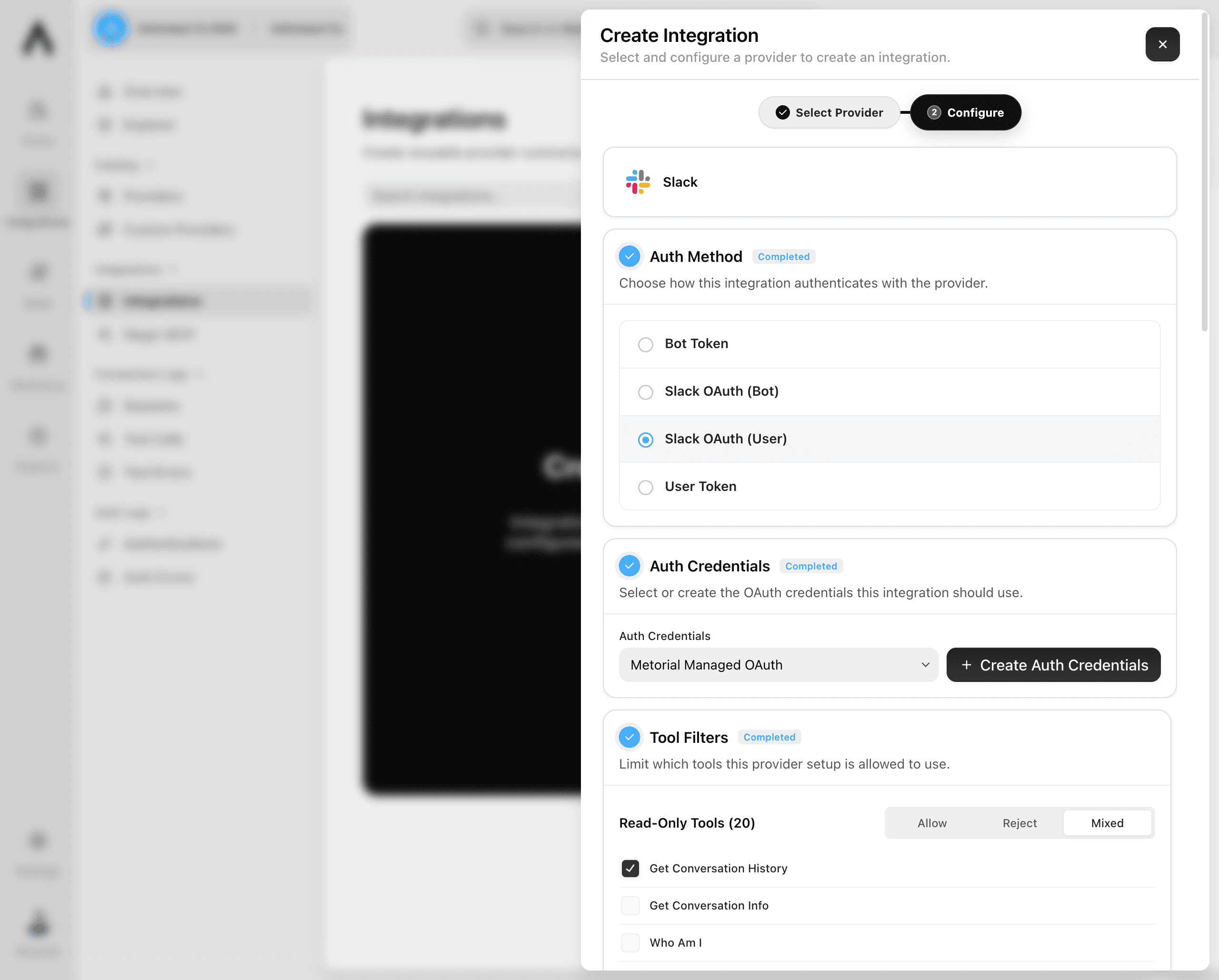Authentication method and credentials selected for an integration