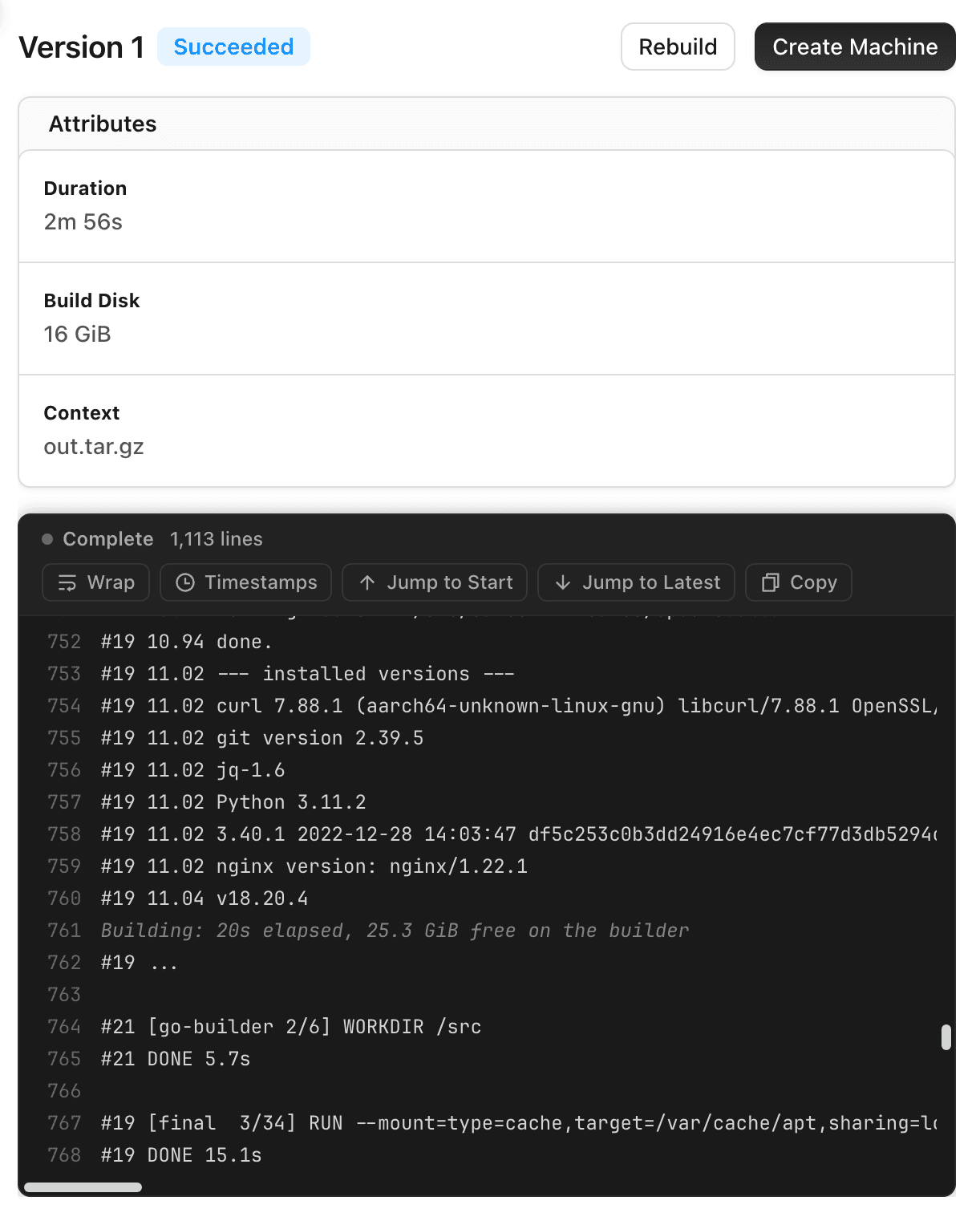 A version page with build attributes and the build log