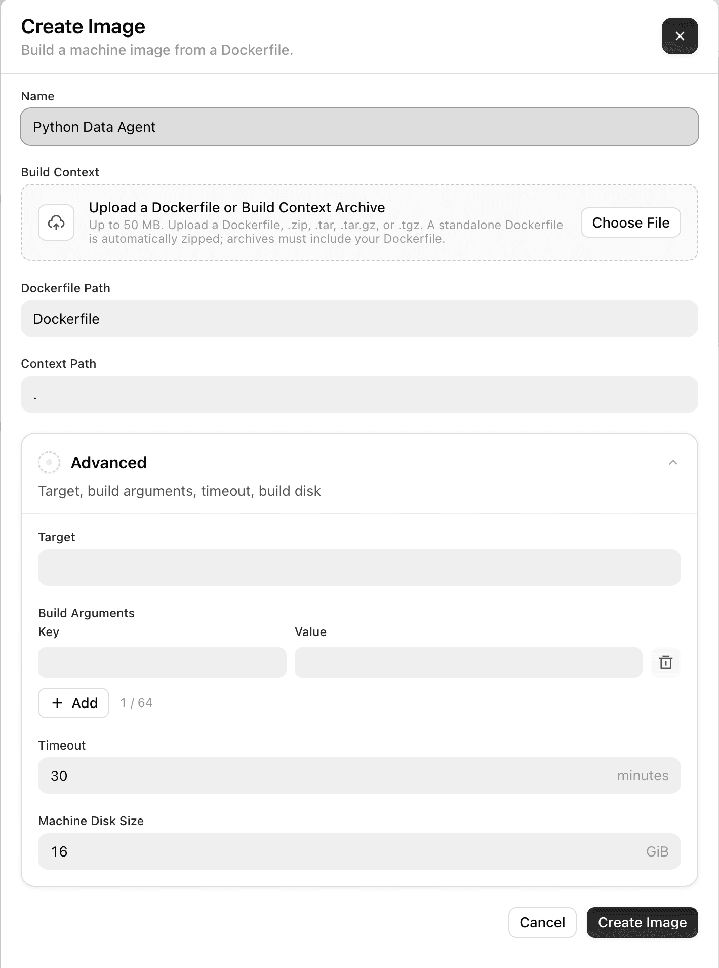 The Create Image dialog with the advanced options expanded