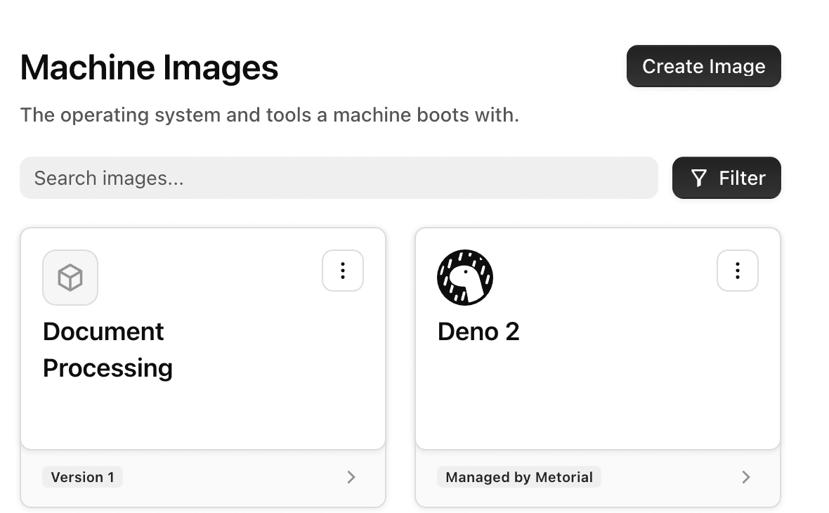 The machine images list in the dashboard