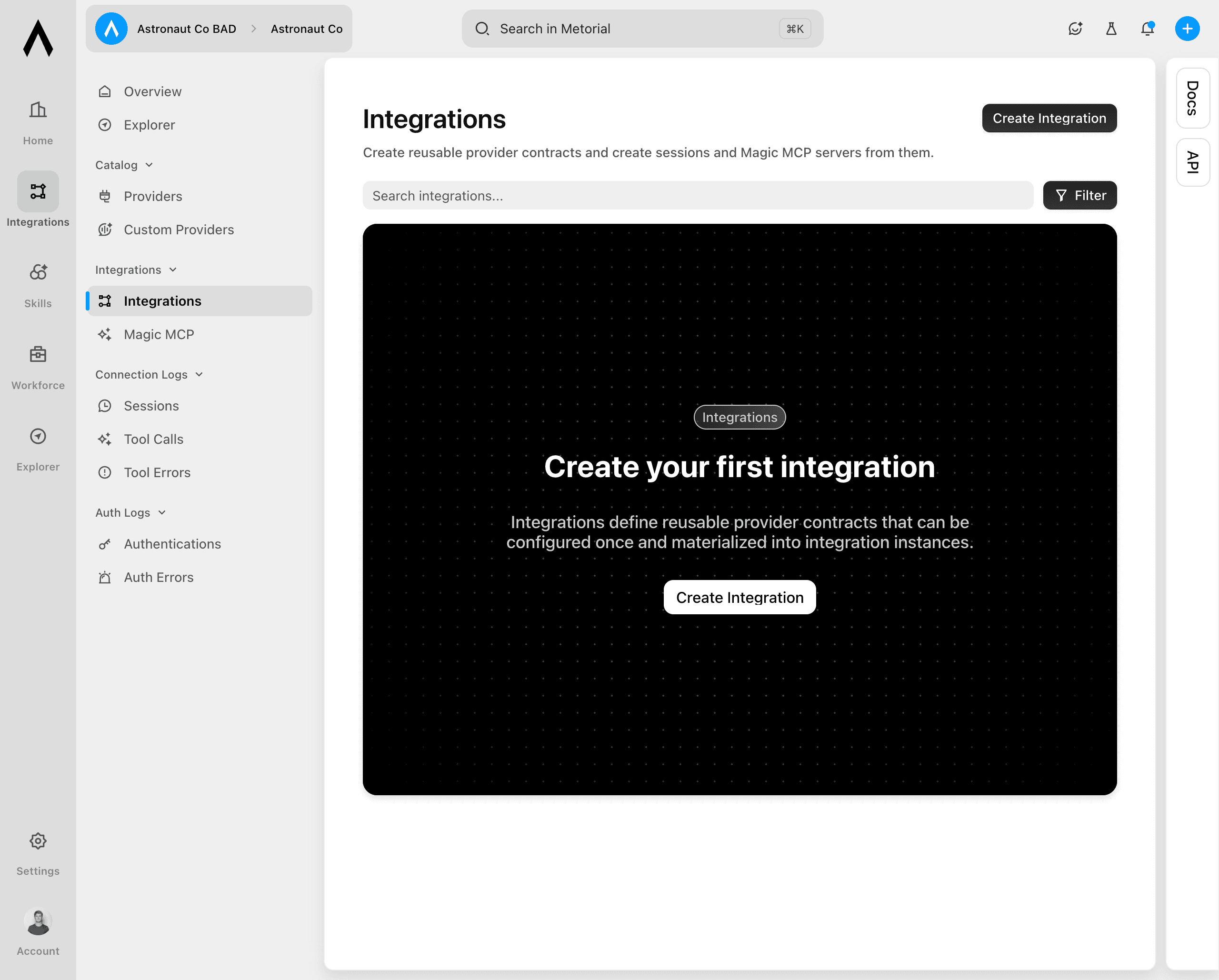 Integrations list with the Create Integration button