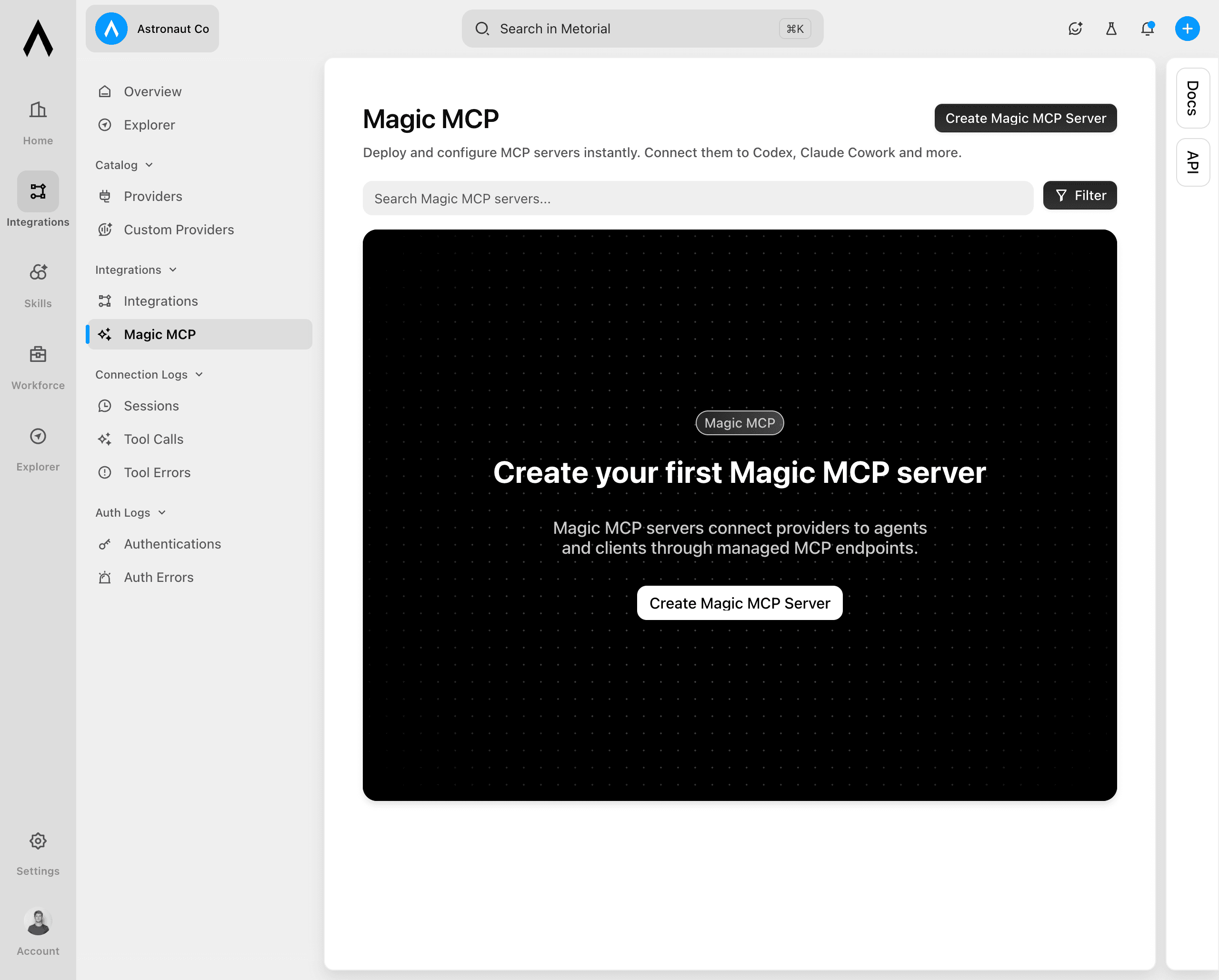 Magic MCP page with the create server button
