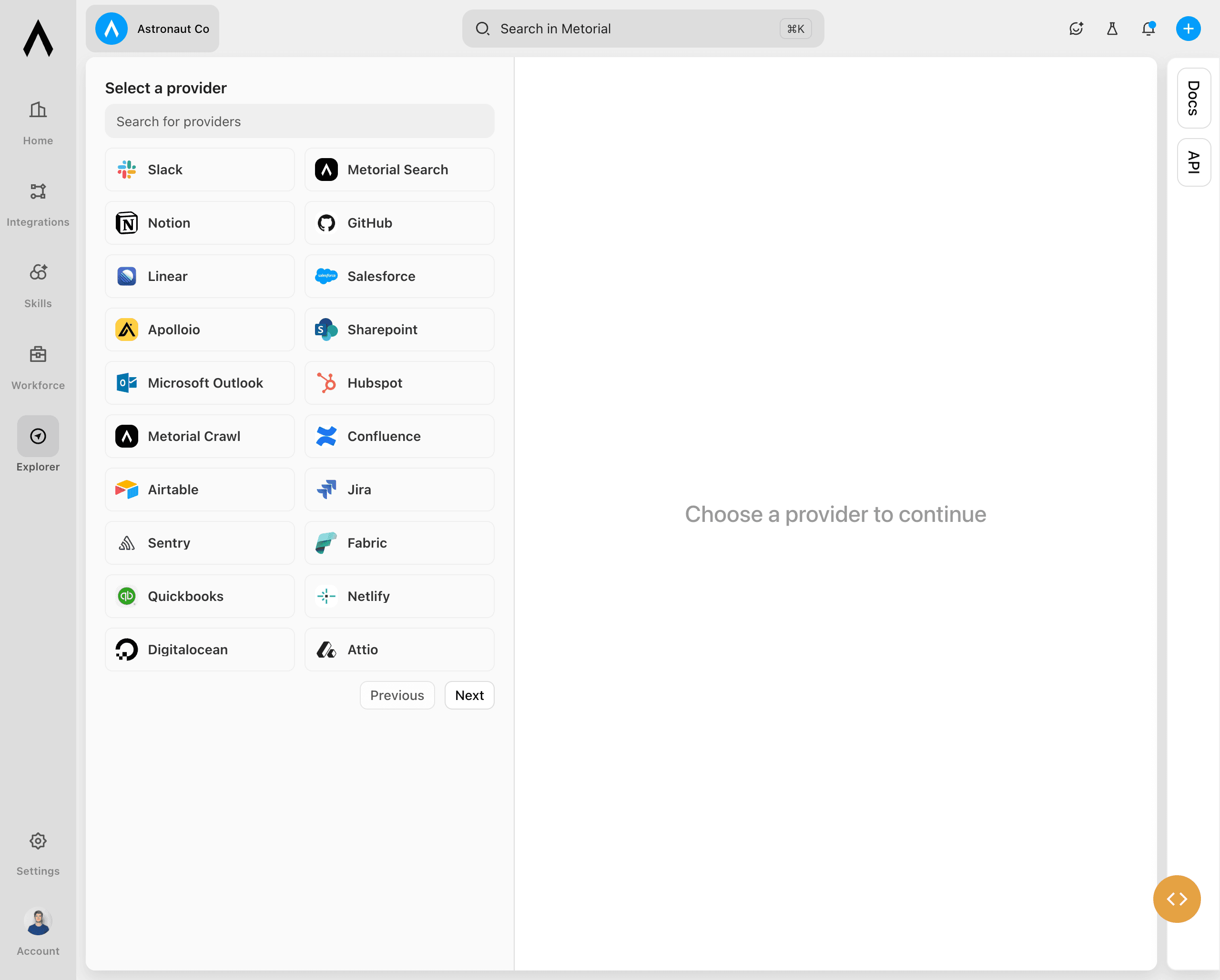 Explorer showing the provider list