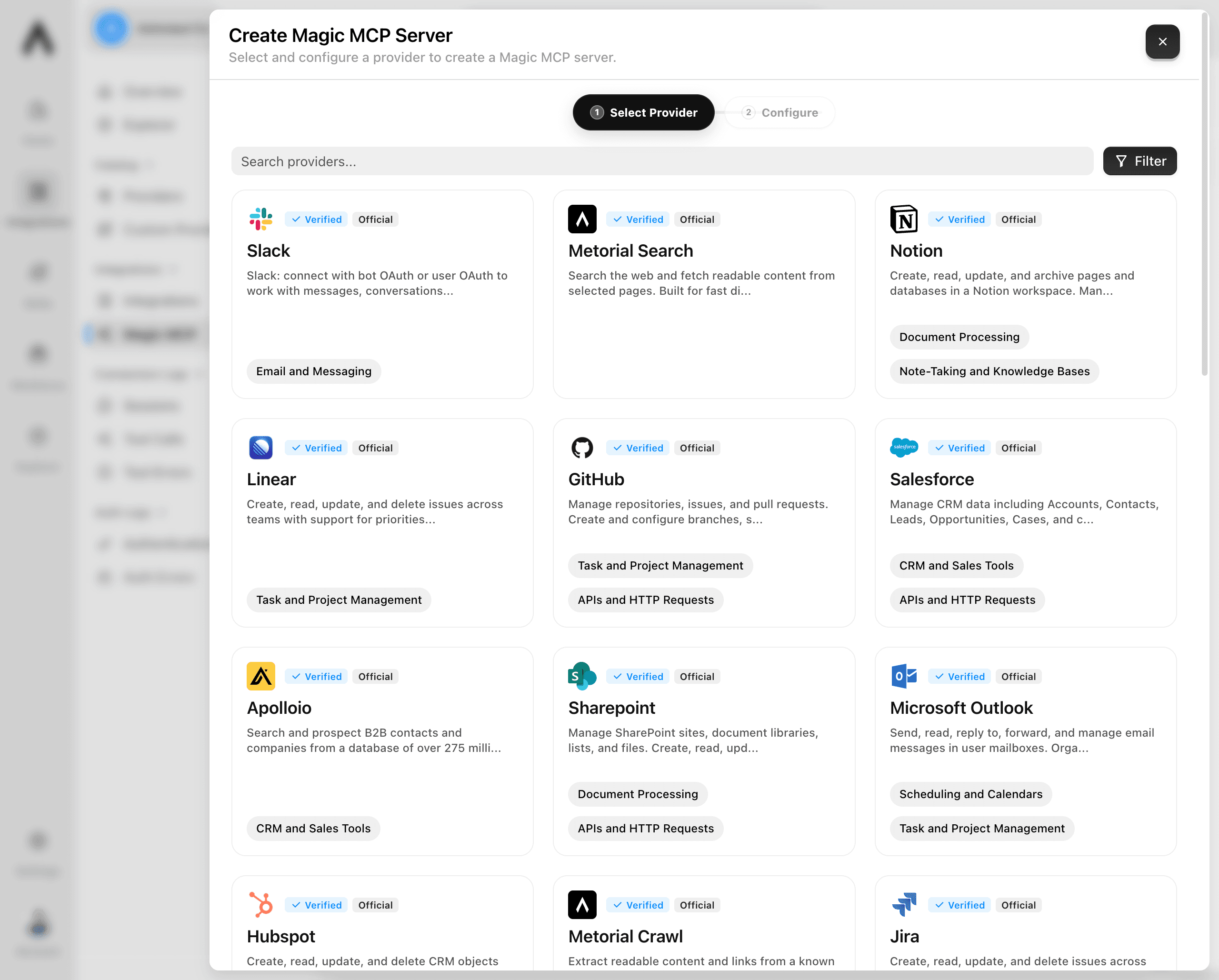 Provider selection step for a Magic MCP server