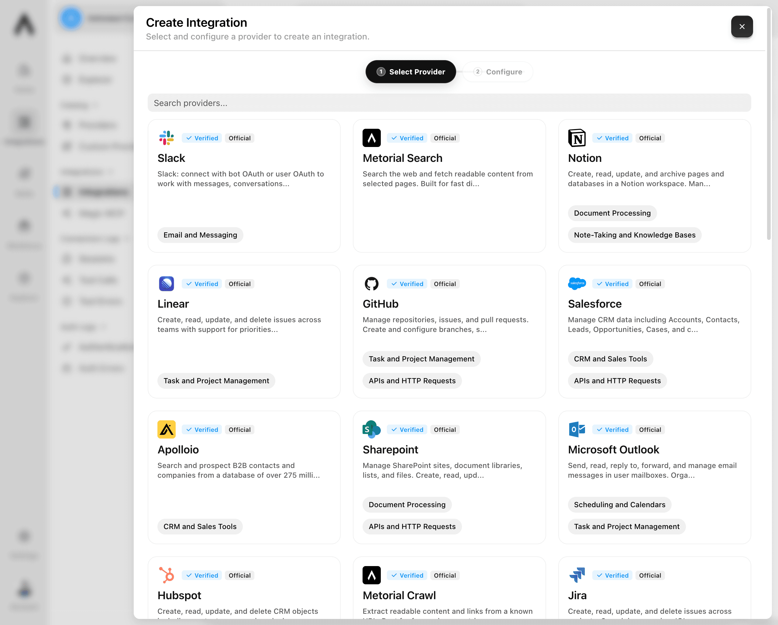 Provider selection step in the Create Integration window