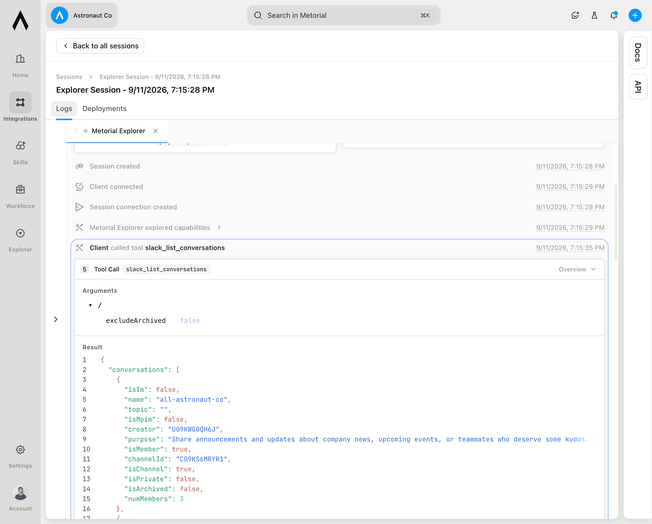 Tool call in a session timeline with its arguments and result