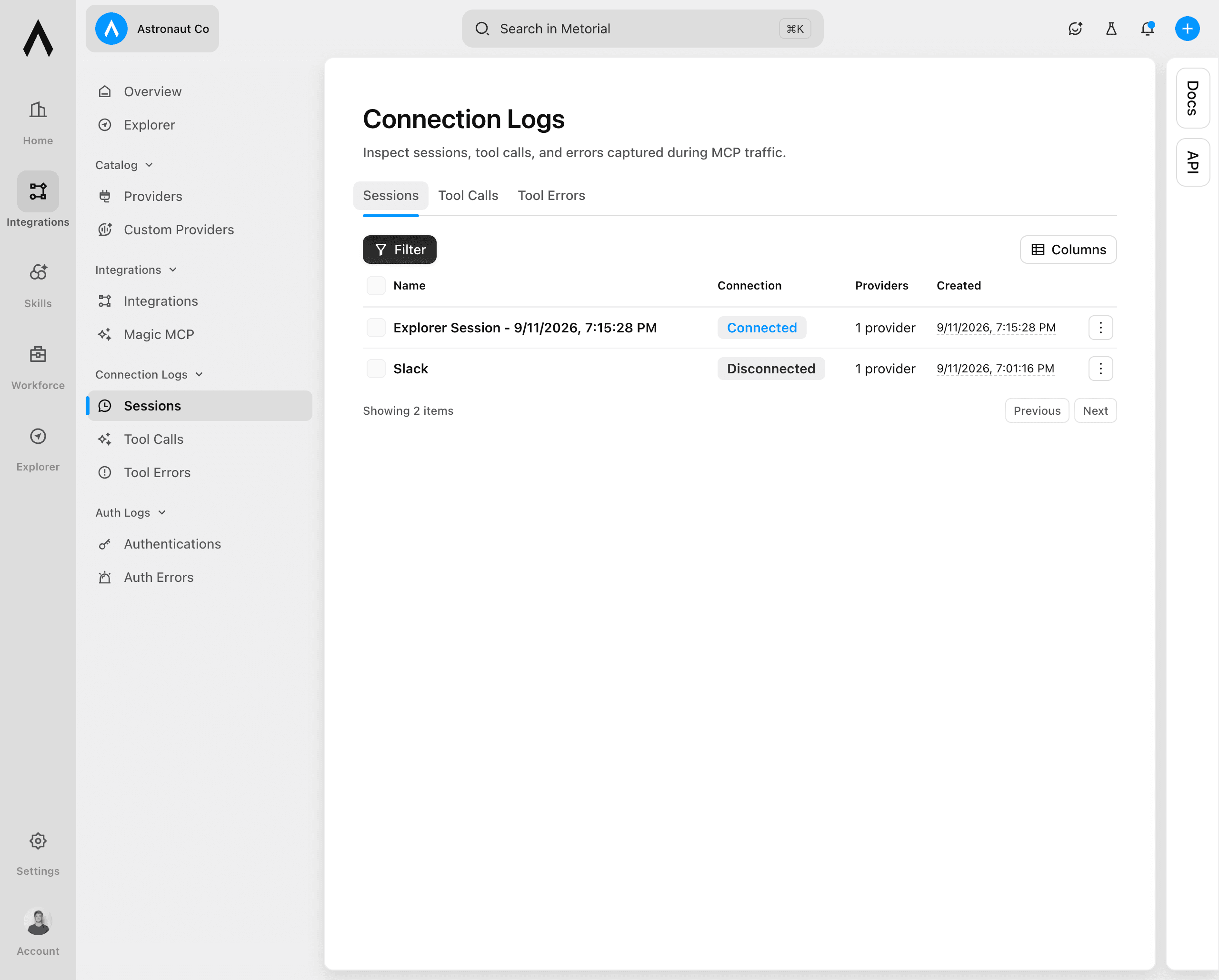 Sessions table with connection status, provider count, and creation time