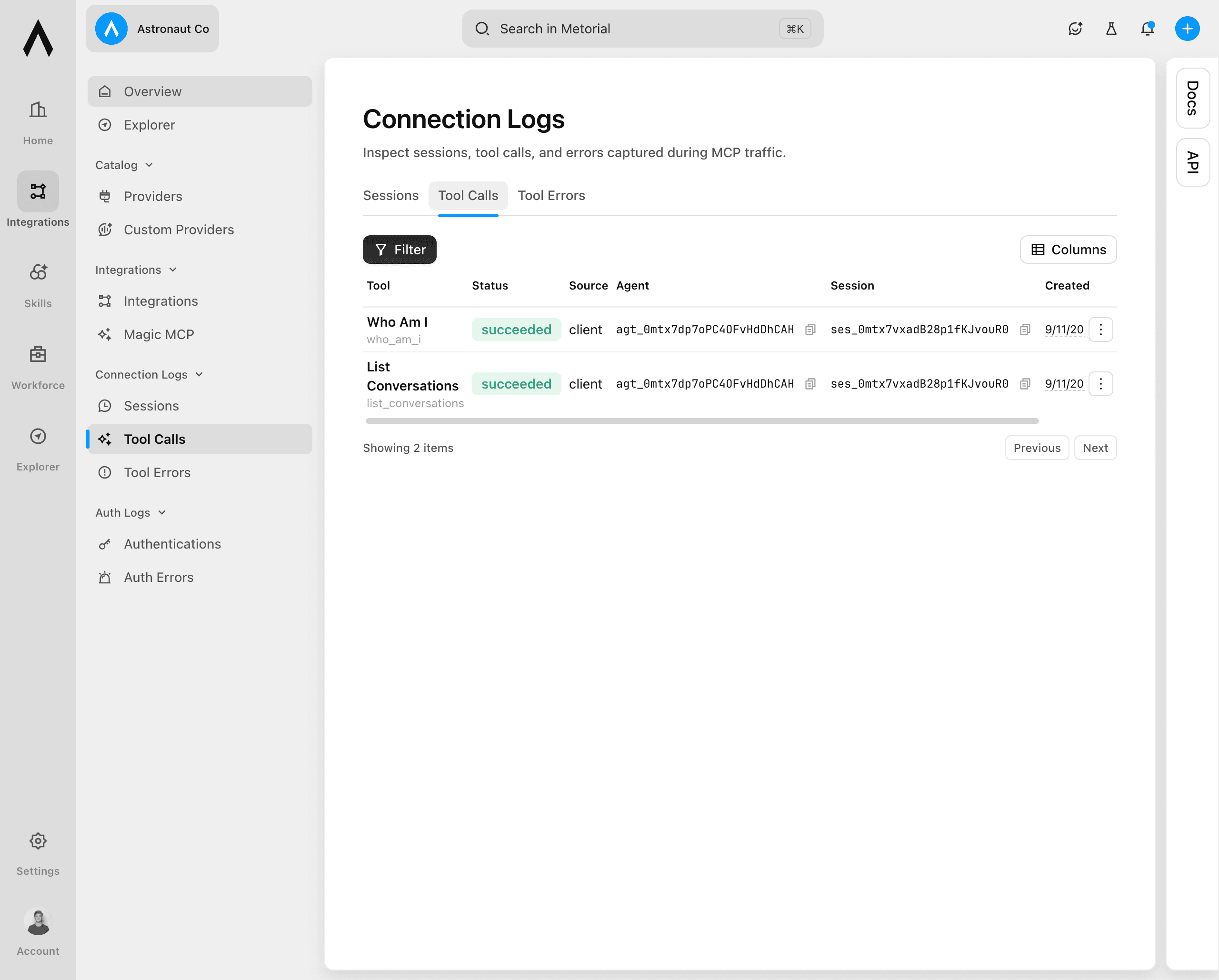 Tool calls table with status, source, agent, session, and creation time