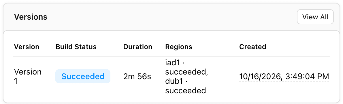 The Versions tab showing version 1 succeeded in two regions