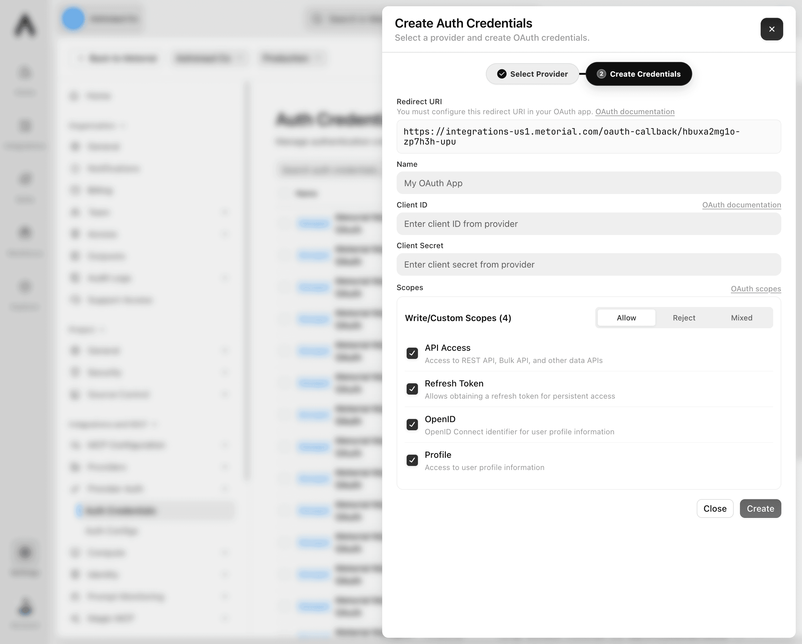 OAuth credential form with the redirect URI and credential fields