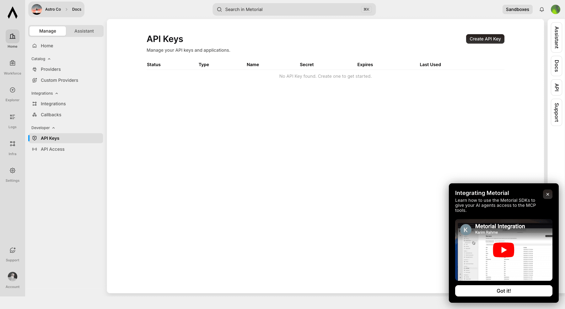 API Keys page in Metorial dashboard