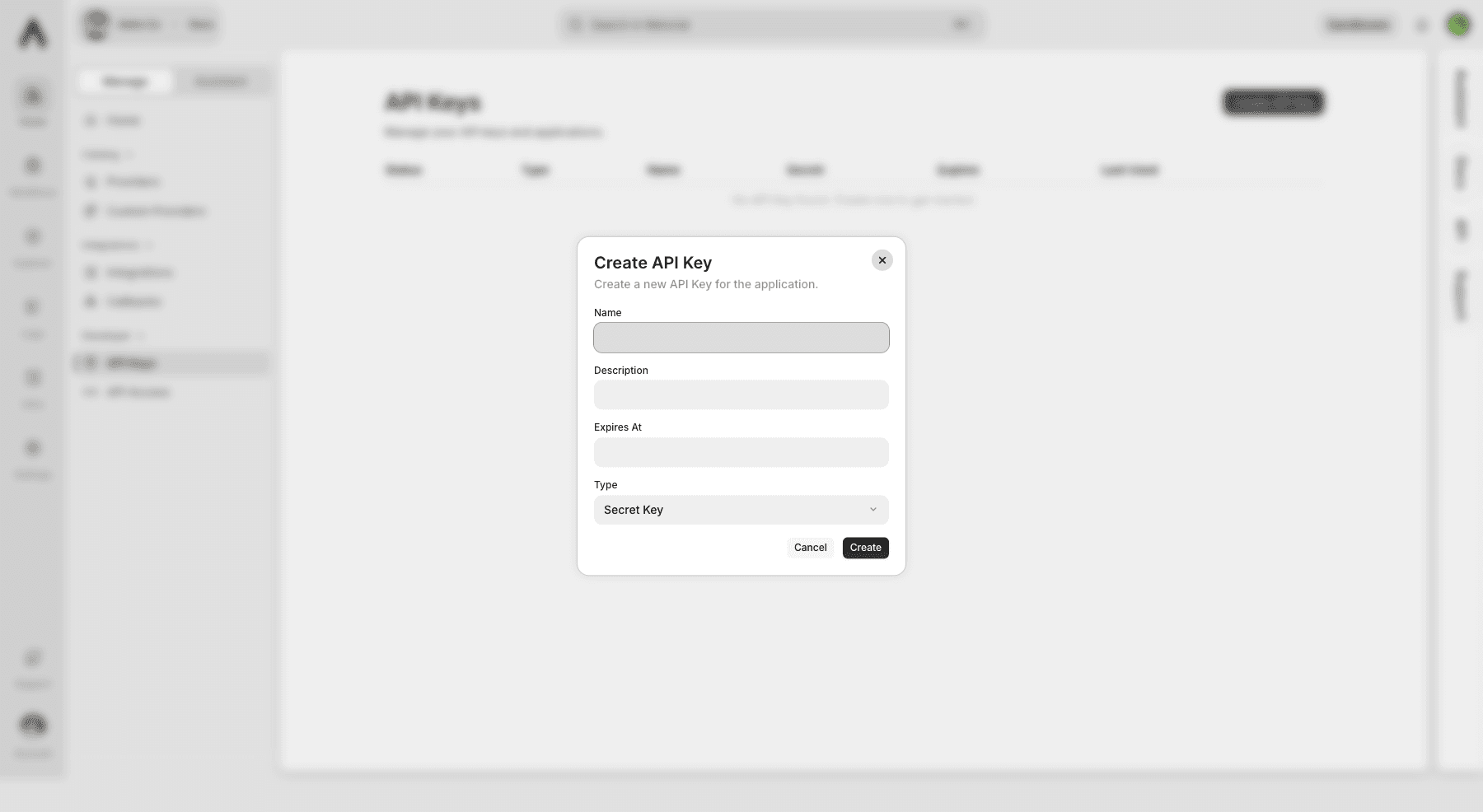 Create API Key dialog in Metorial dashboard