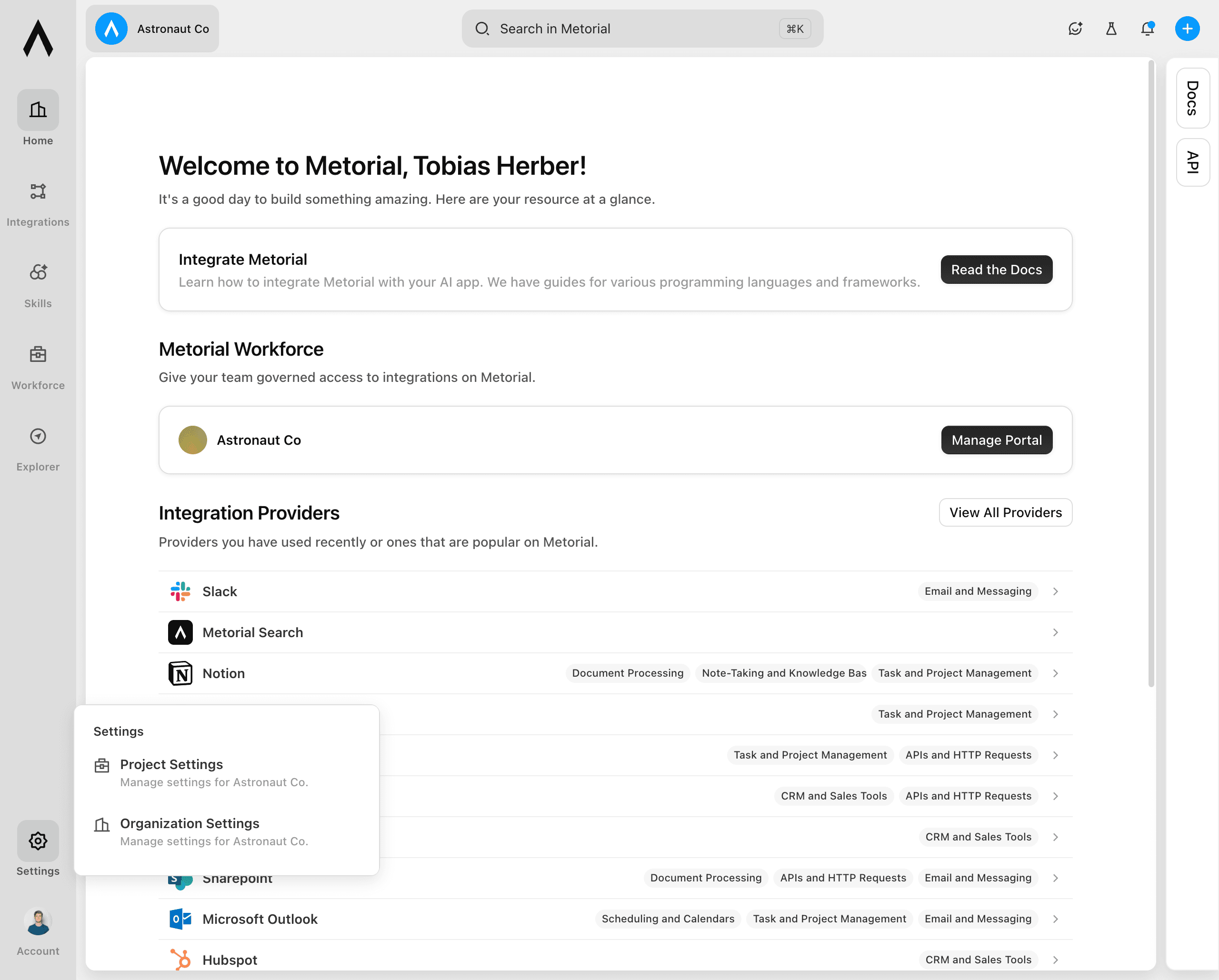 Settings menu with Organization Settings selected