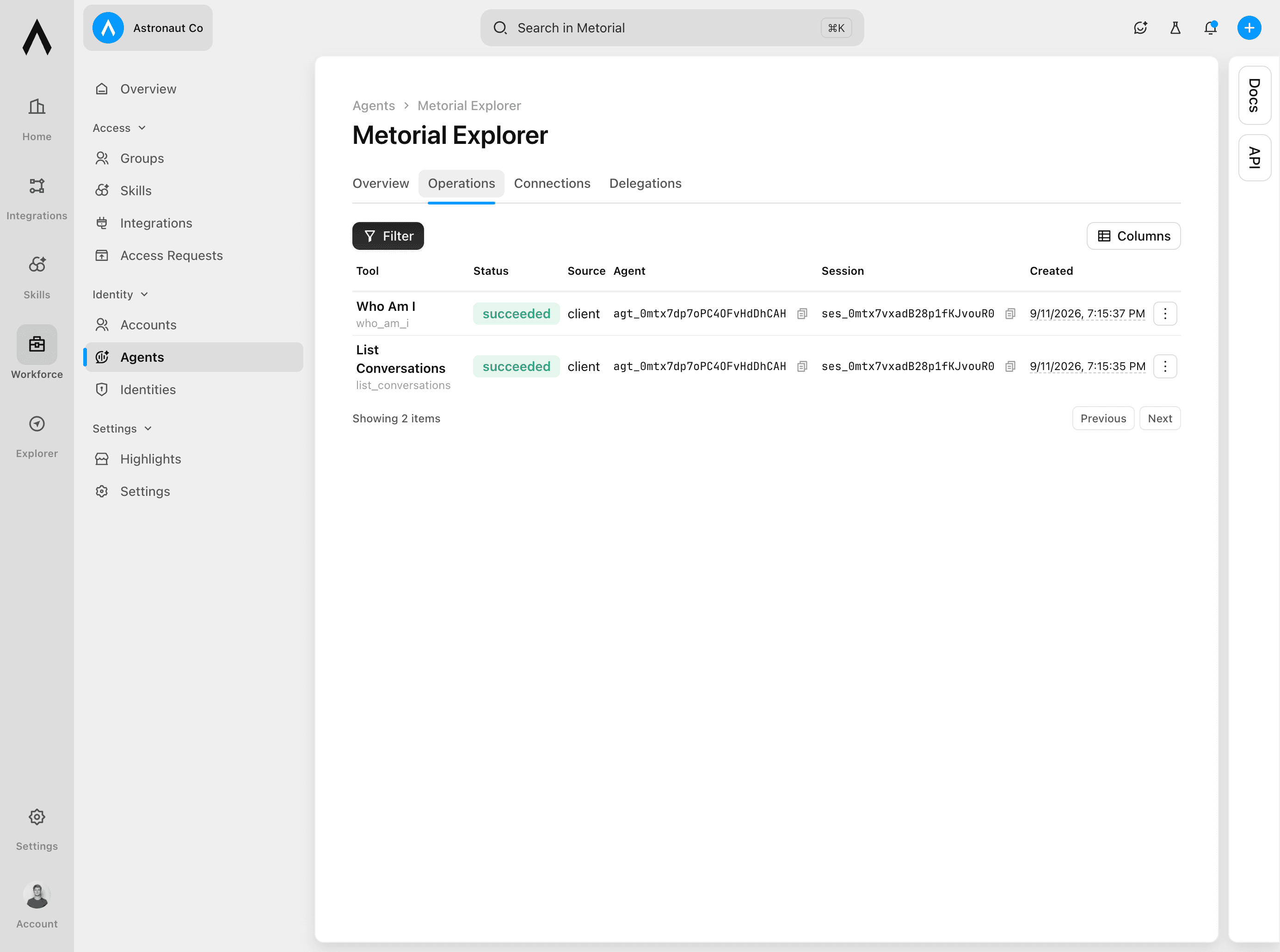 Operations recorded for a Workforce agent