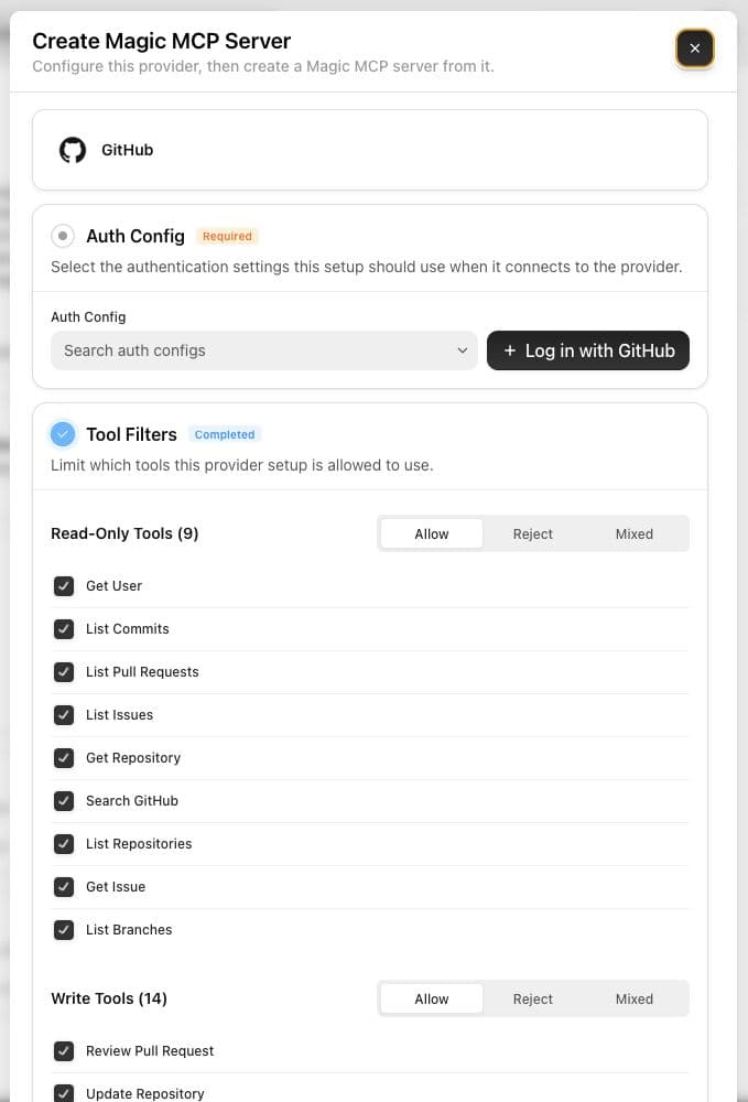 GitHub Magic MCP auth config