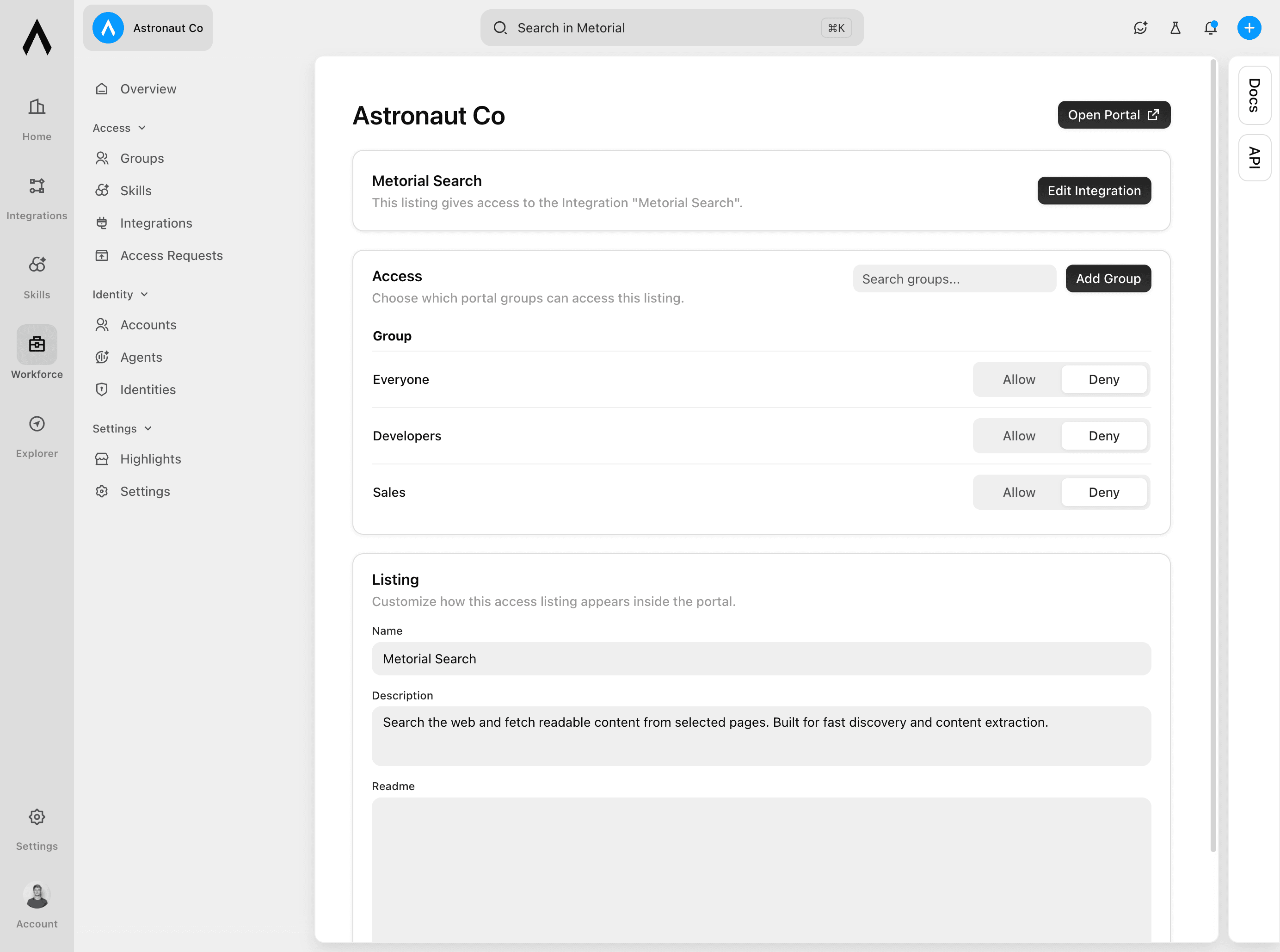 Group access settings for a Workforce resource