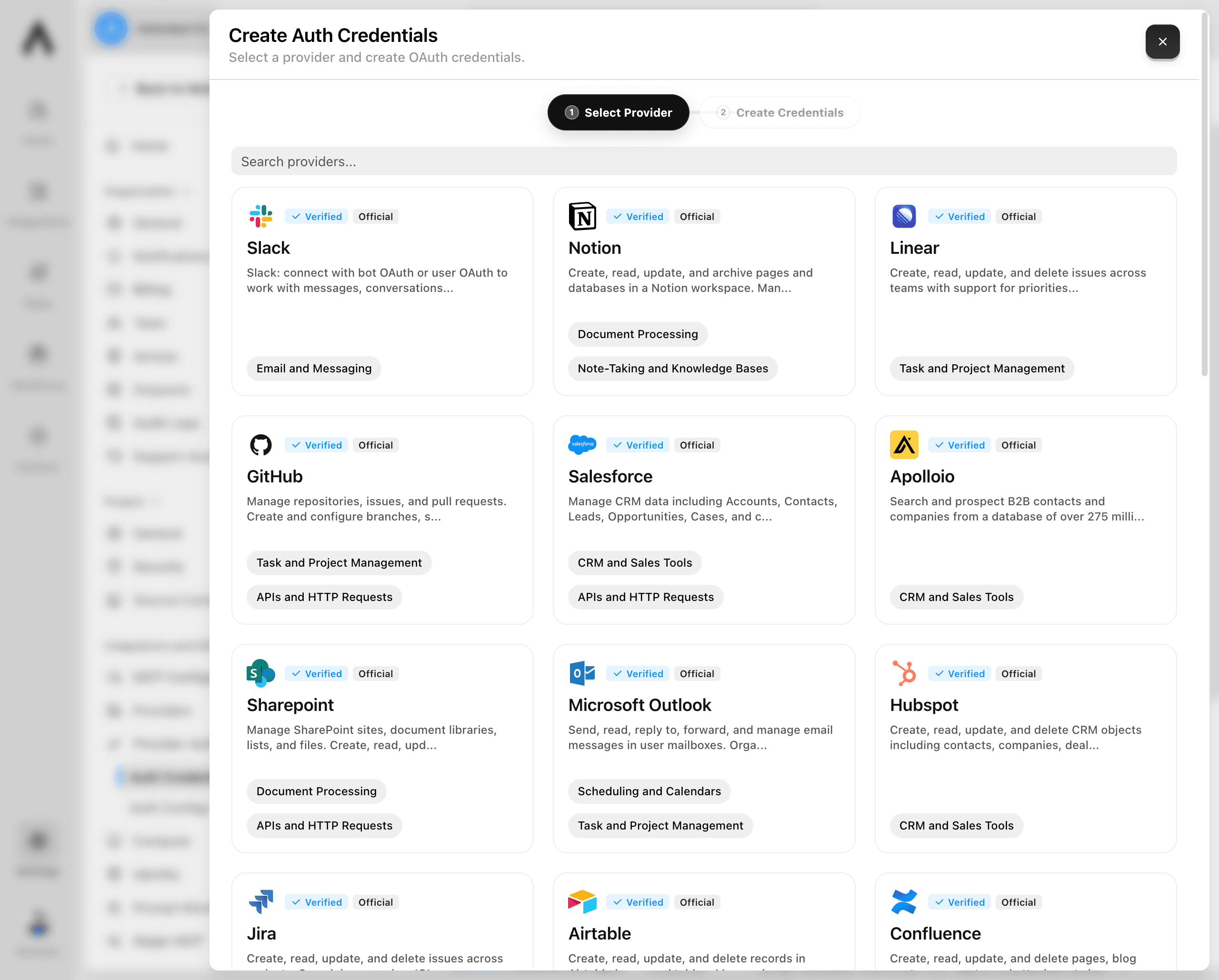 Provider selection step in the Create Auth Credentials window