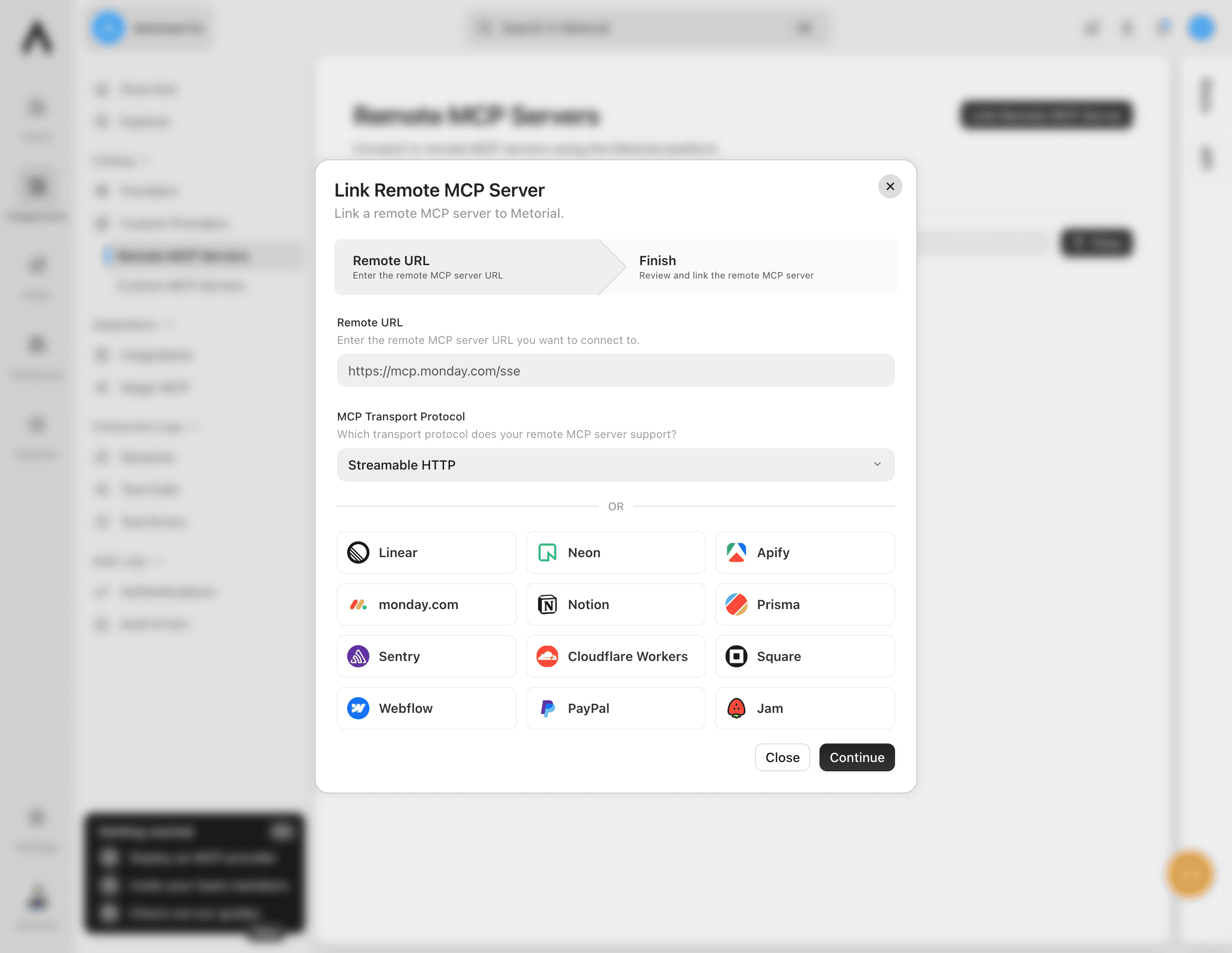 Remote MCP server URL and transport fields